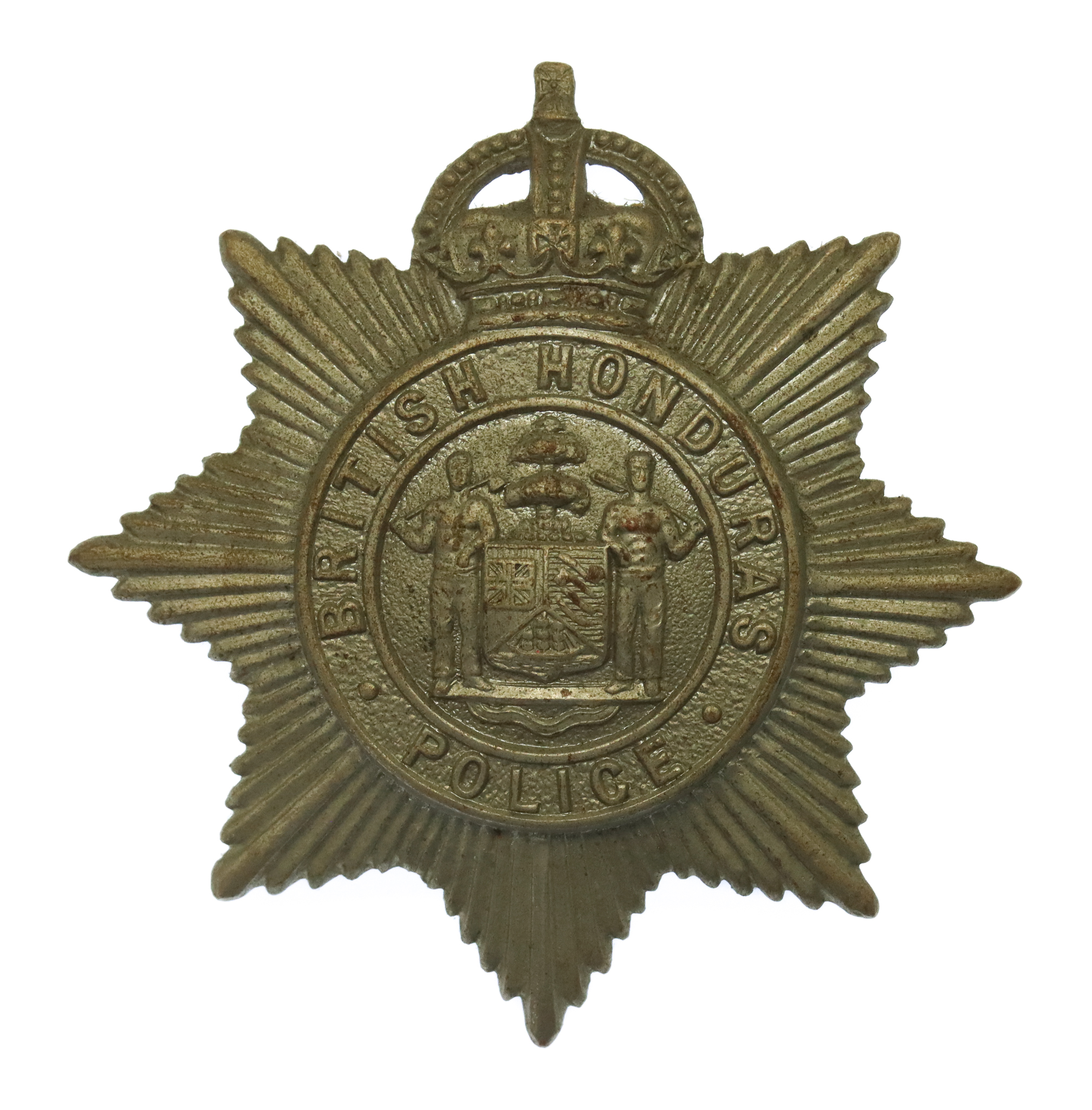 British Honduras Police White Metal Cap Badge - King's Crown