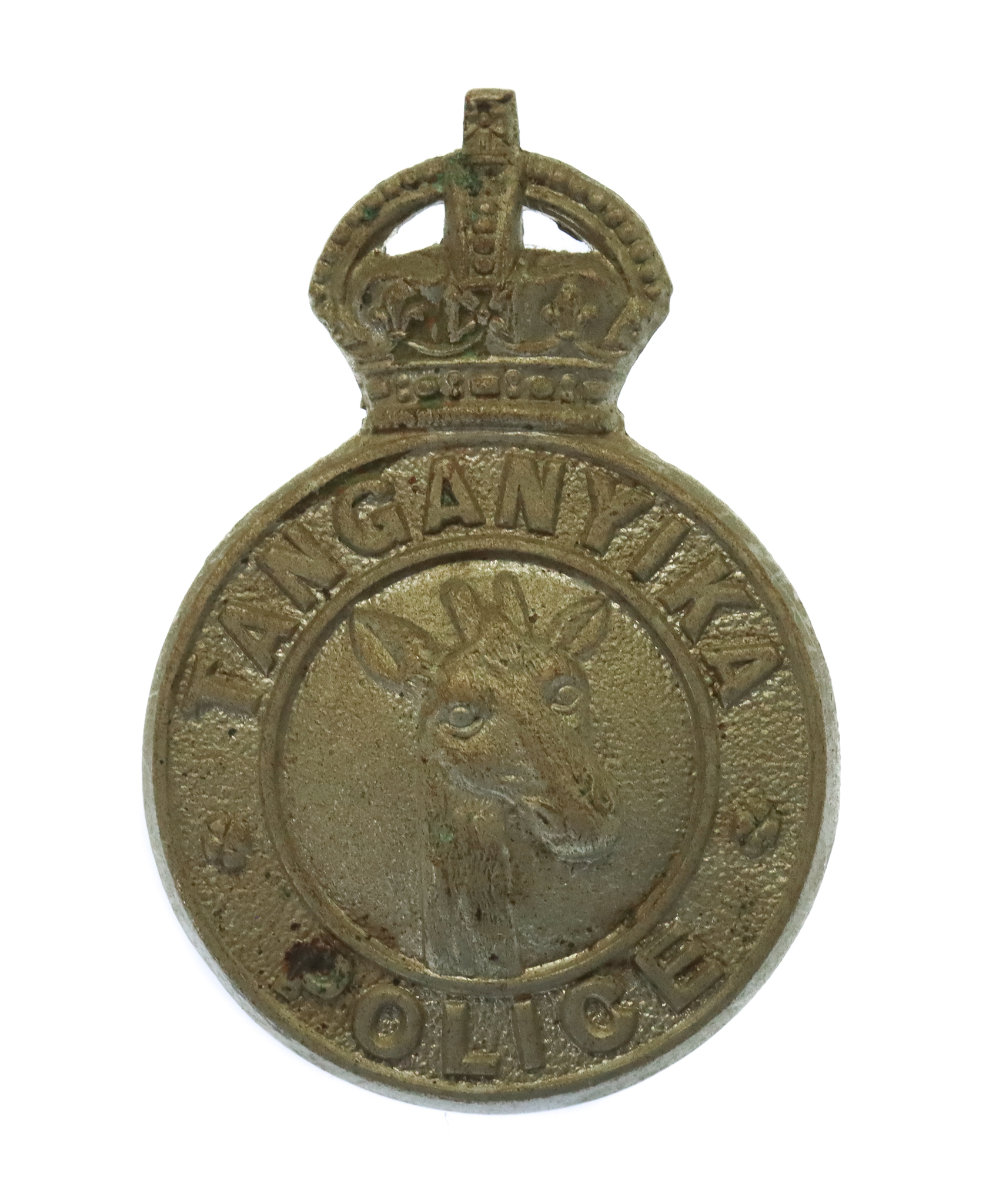 Tanganyika Police White Metal Cap Badge - King's Crown
