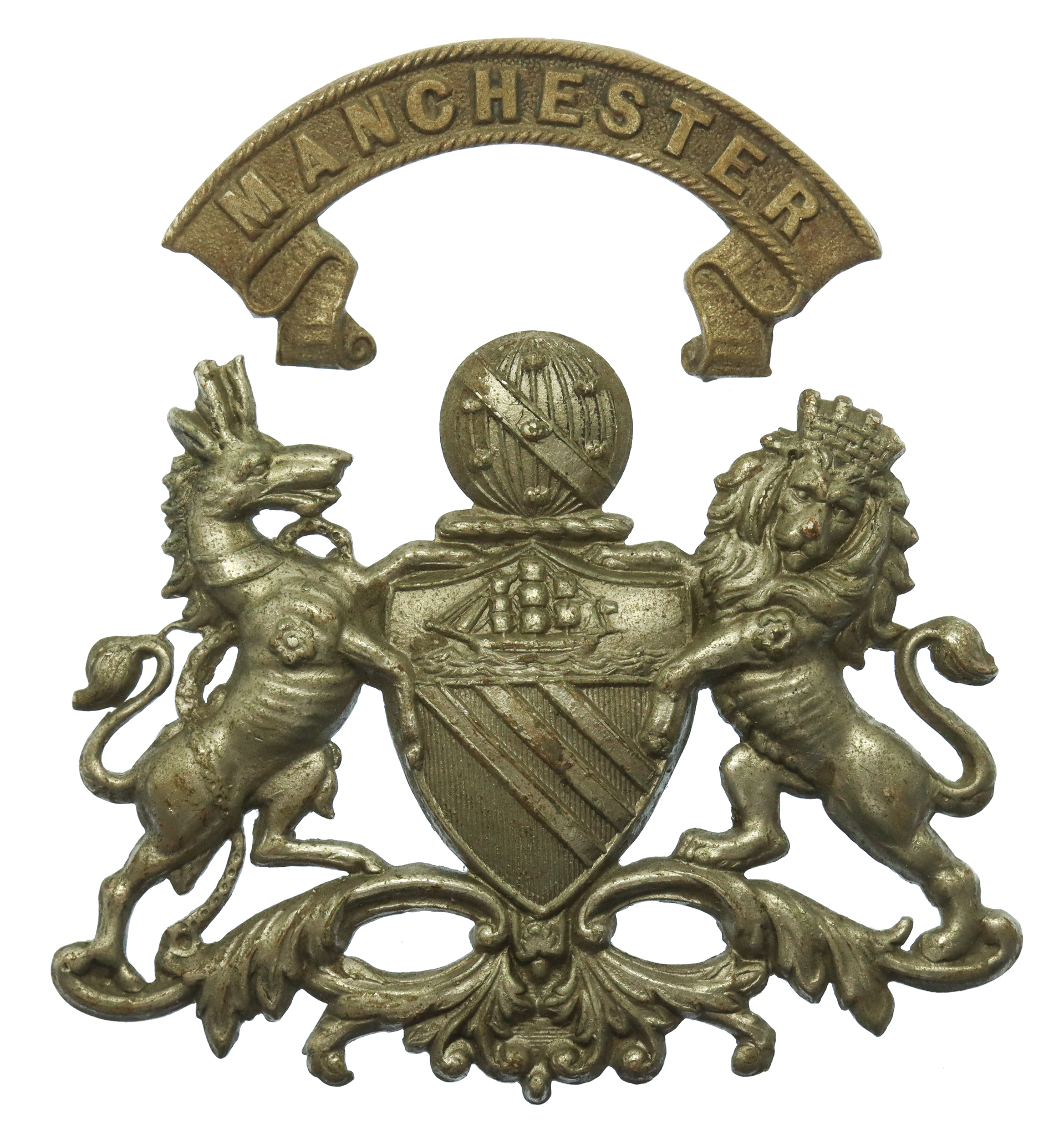 Manchester City Police White Metal Coat of Arms Helmet Plate 