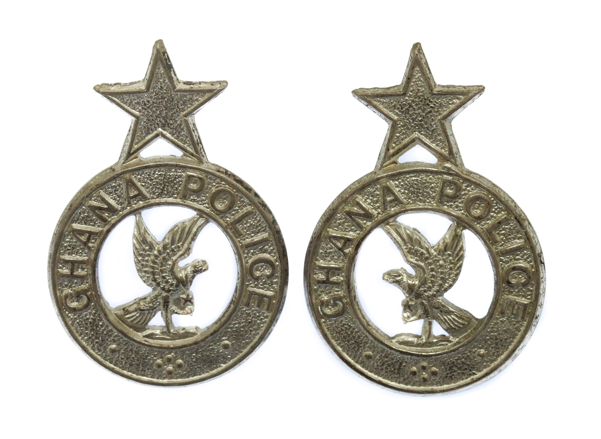 Pair of Ghana Police Silvered Collar Badges