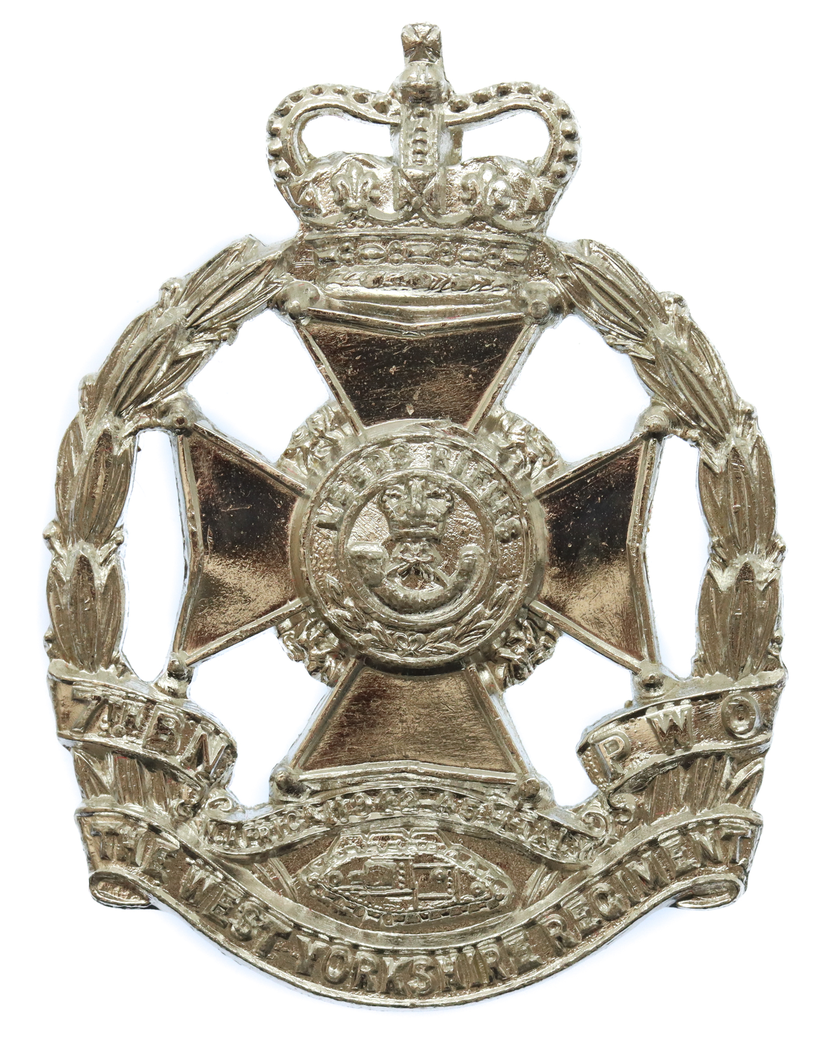 7th Battalion P.W.O. West Yorkshire Regiment (Leeds Rifles) Anodised (Staybrite) Cap Badge - With Tank - Queen's Crown