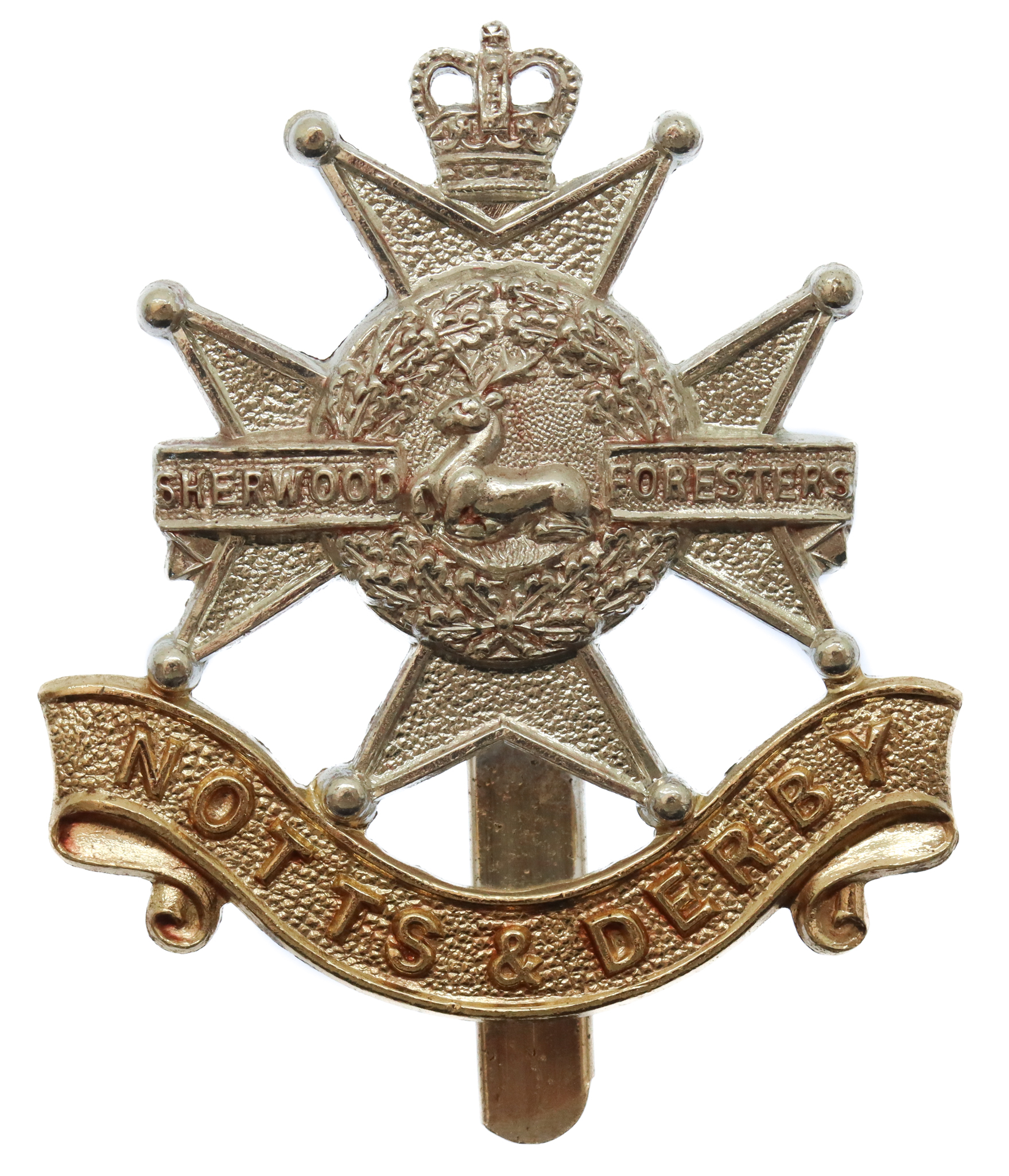 Notts & Derby Regiment (Sherwood Foresters) Anodised (Staybrite) Cap Badge 