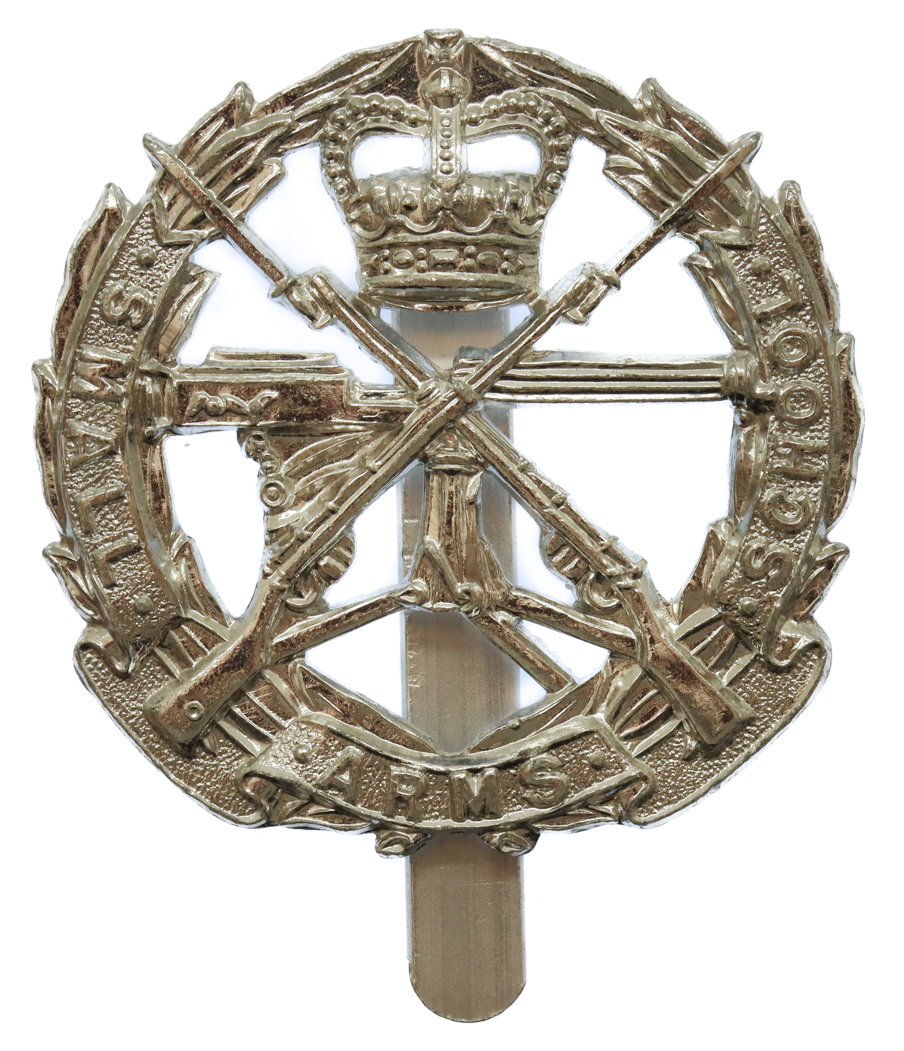 Small Arms School Corps Anodised (Staybrite) Cap Badge - Queen's Crown