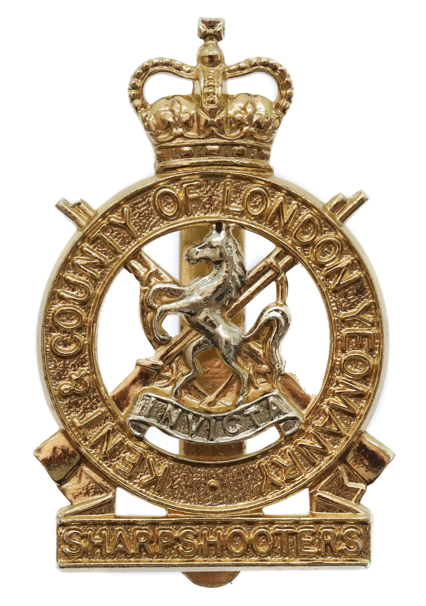 Kent & County of London Yeomanry (Sharpshooters) Anodised (Staybrite) Cap Badge - Queen's Crown