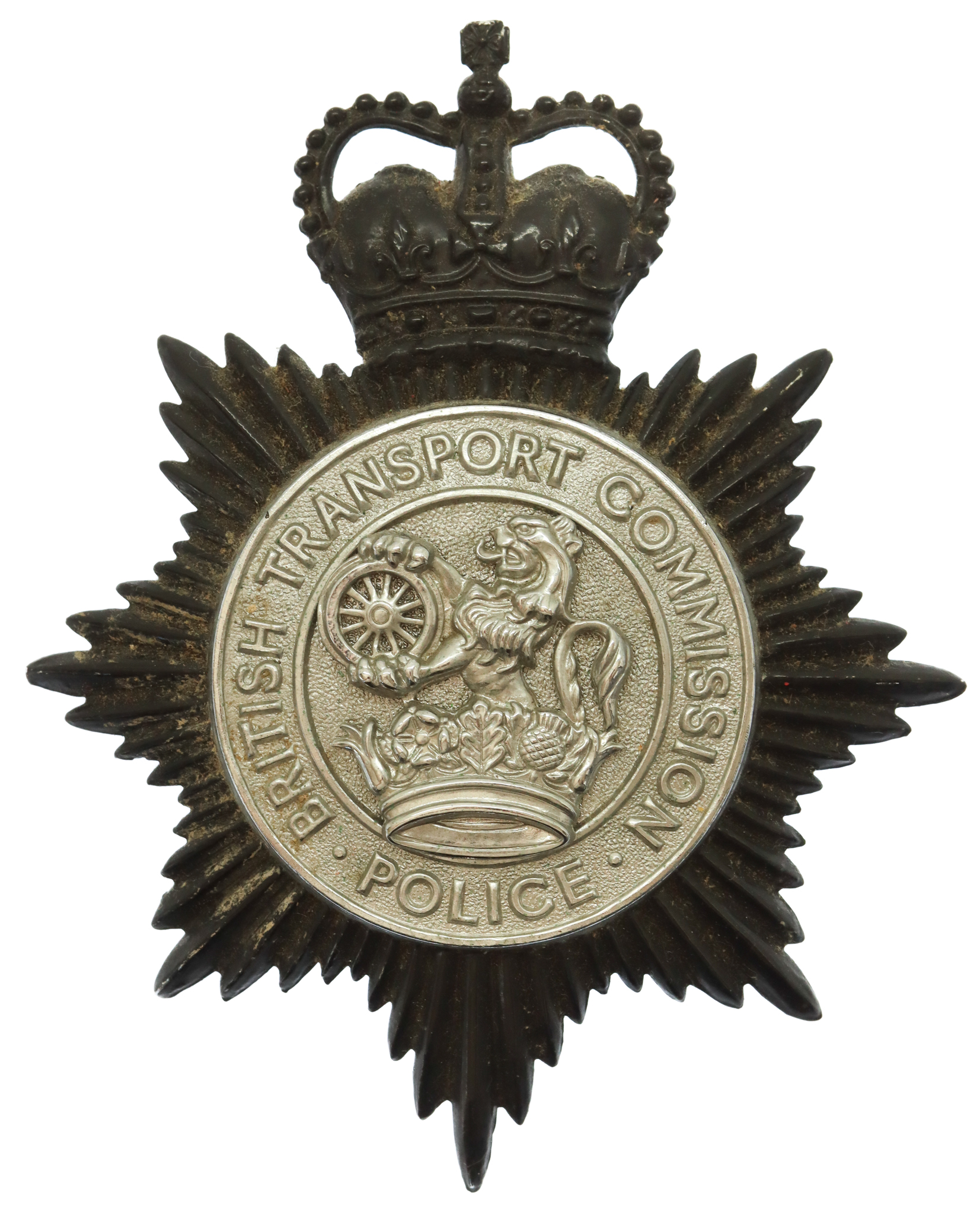 British Transport Commission Police Blackened Chrome Helmet Plate - Queen's Crown
