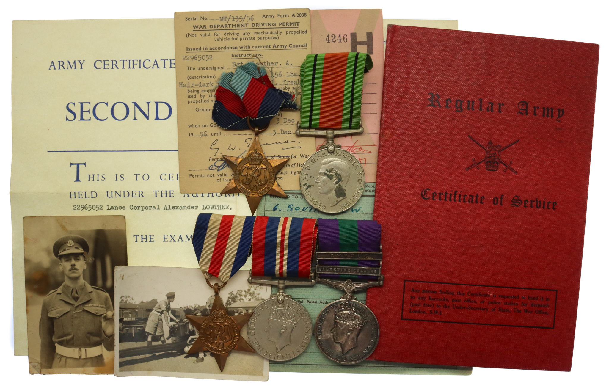 WW2 and General Service Medal (Clasps - Palestine 1945-48, Cyprus) Group of Five - Cpl. A. Lowther, East Yorkshire Regiment & Royal Military Police