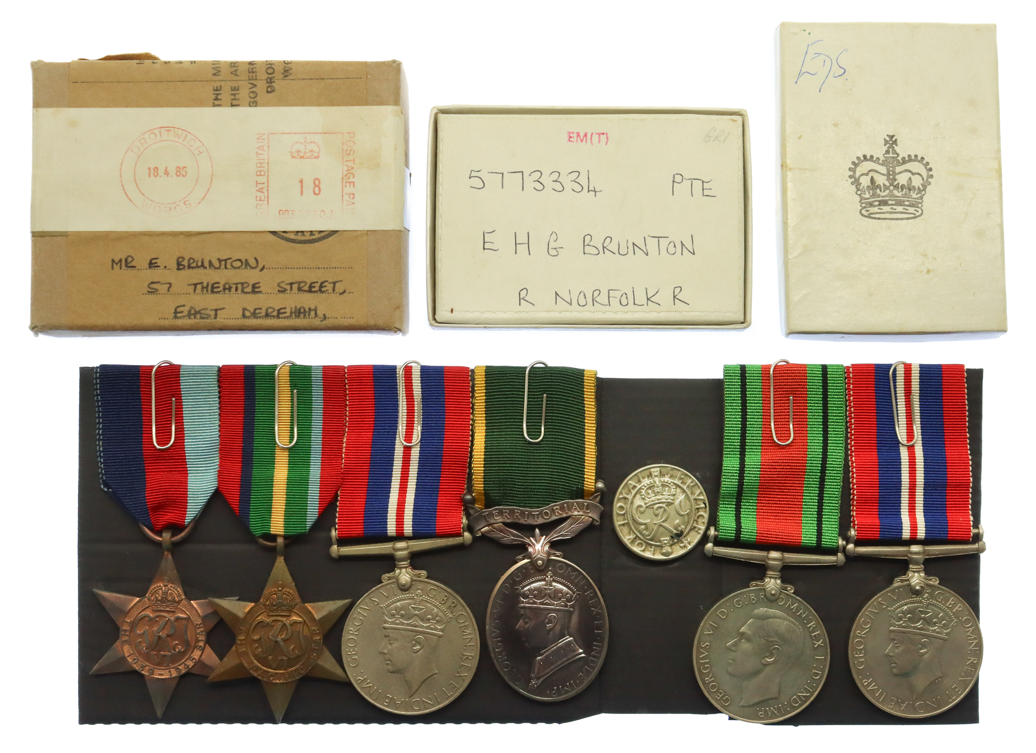 WW2 Far East Prisoner of War Territorial Efficiency Medal Group - Pte. E.H.G. Brunton, 5th Bn Royal Norfolk Regiment