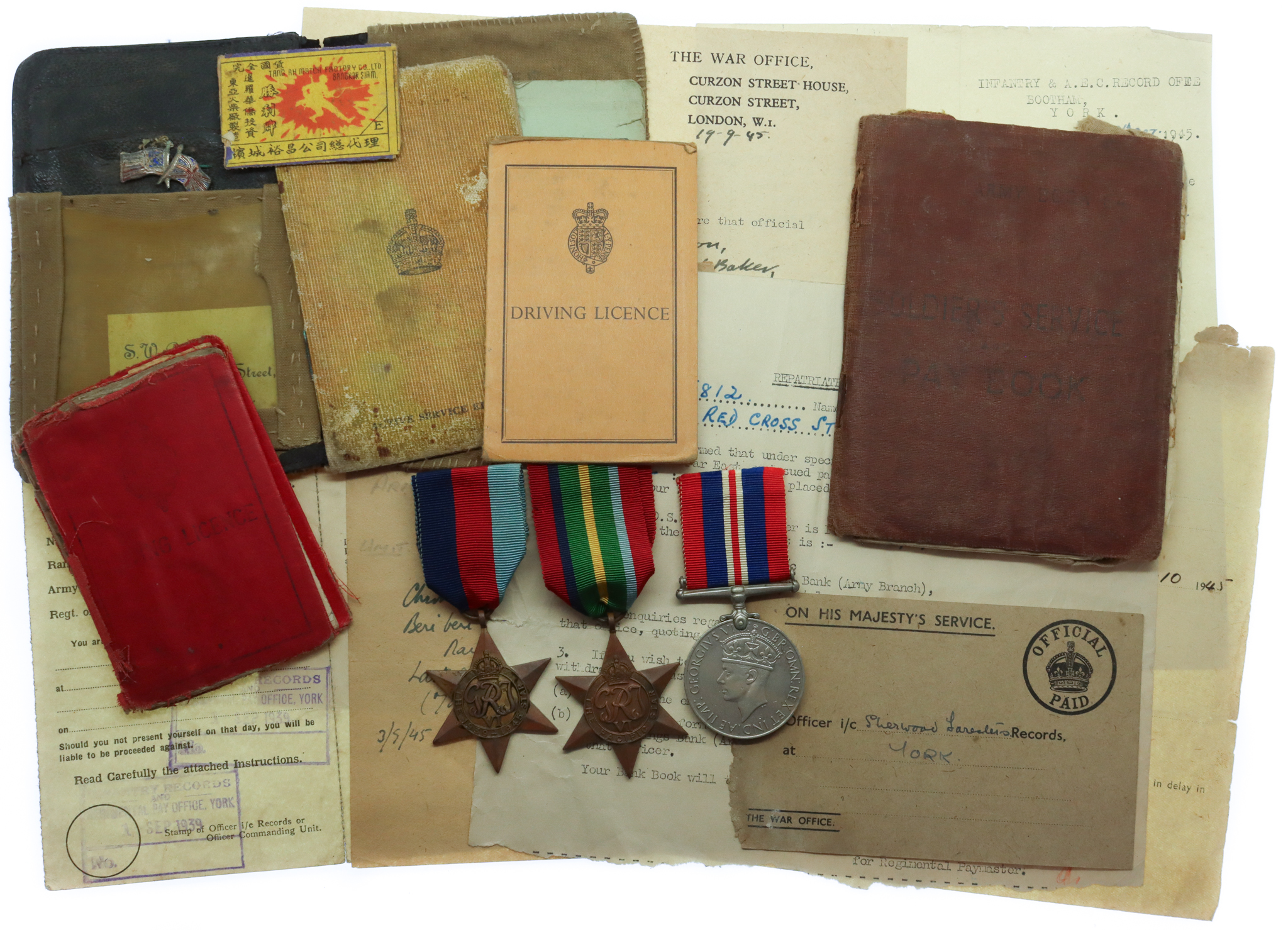 WW2 Far East Prisoner of War Medal Group of Three with Original Service Book, Letters & Documents - Pte. S.D. Baker, 1st/5th Sherwood Foresters (Notts & Derby Regiment)