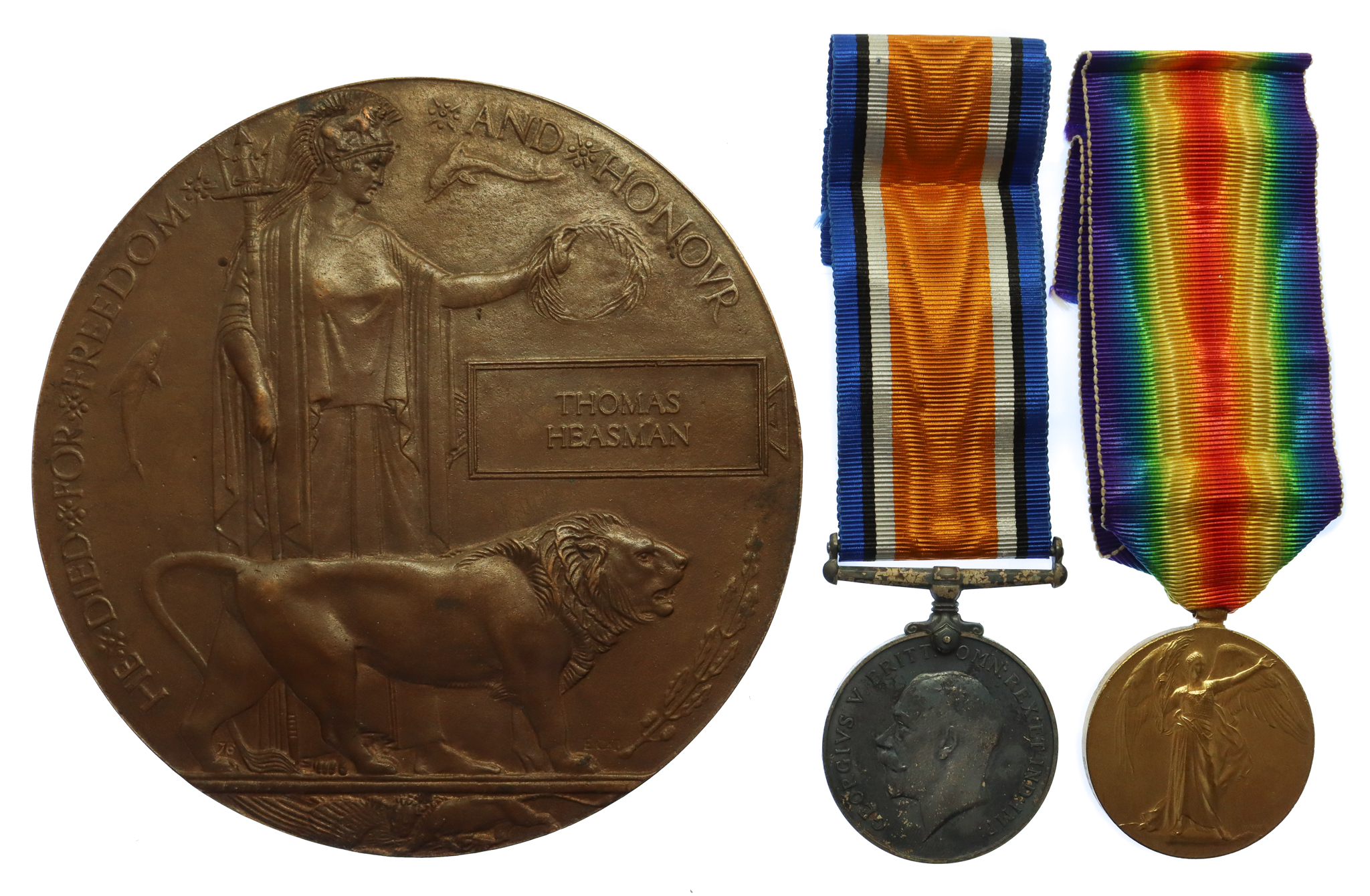 WW1 British War Medal, Victory Medal & Memorial Plaque - Pte. T. Heasman, 11th (1st South Downs) Bn. Royal Sussex Regiment - K.I.A. 3/9/16