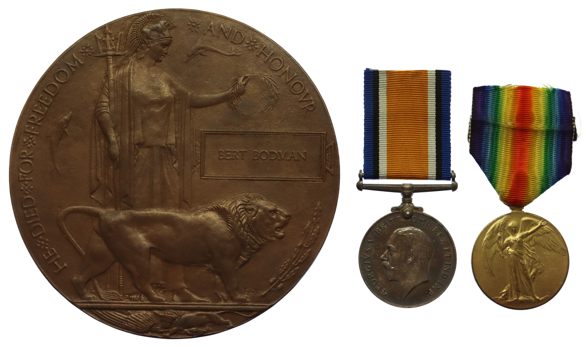 WW1 British War Medal, Victory Medal and Memorial Plaque - Pte. B. Bodman, 7th Bn. Royal Fusiliers - K.I.A. 13/11/1916