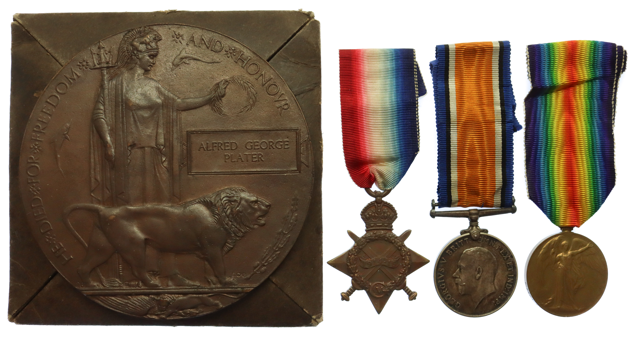 WW1 1914-15 Star Medal Trio and Memorial Plaque - L.Cpl. A.G. Plater, 12th Bn. Middlesex Regiment - K.I.A. 14/7/1916