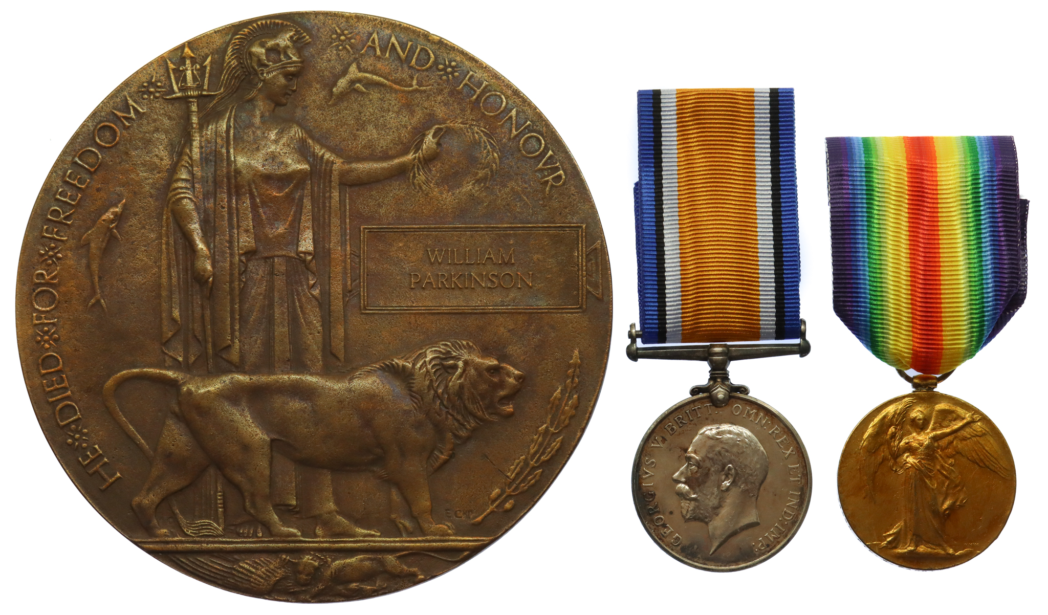 WW1 Somme Casualty British War Medal, Victory Medal and Memorial Plaque - Pte. W. Parkinson, 10th Bn. York & Lancaster Regiment - K.I.A. 1st-3rd July 1916