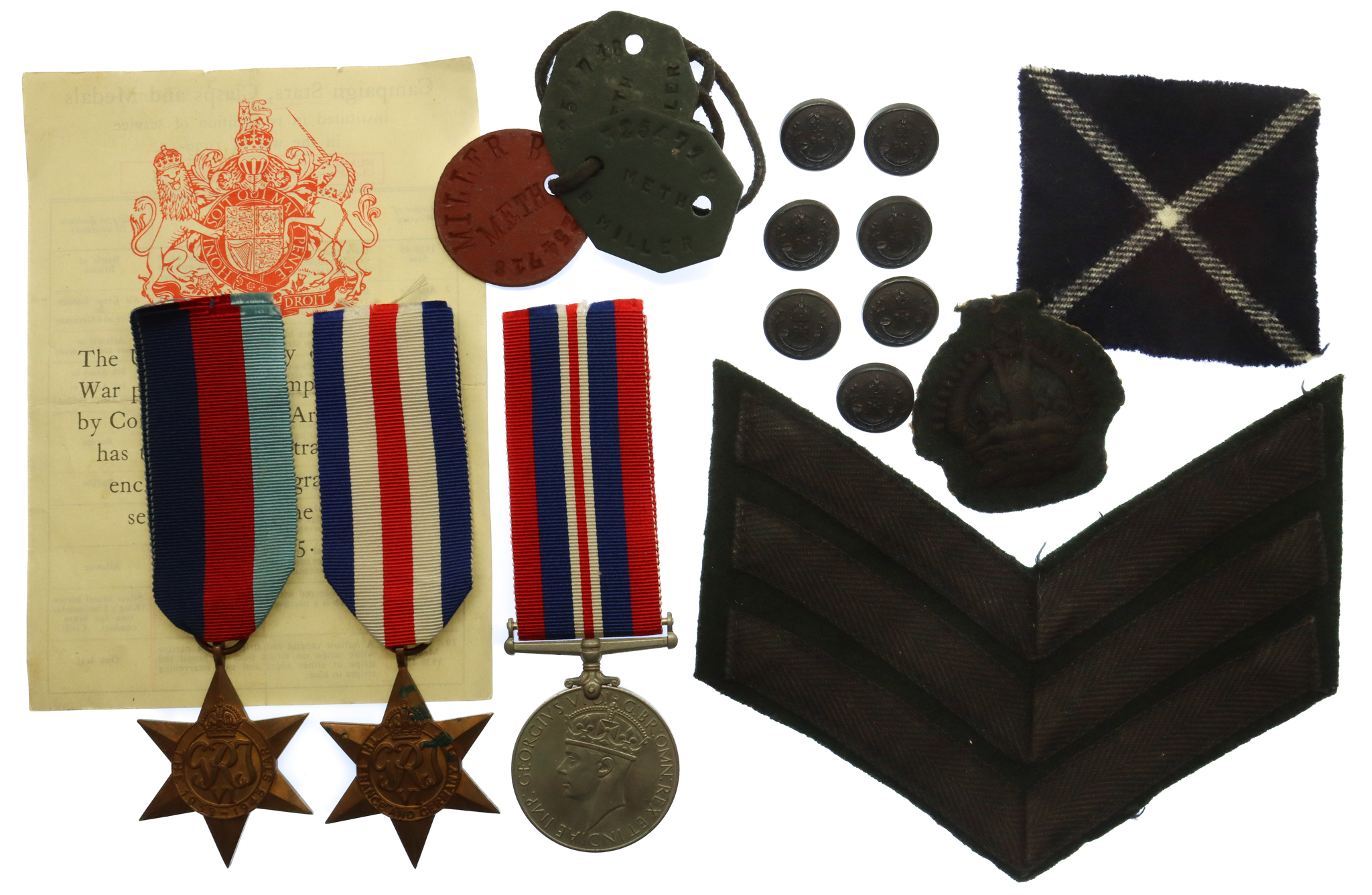 WW2 Medal Group of Three with Dog Tags - CQMS B. Miller, Cameronians (Scottish Rifles) 