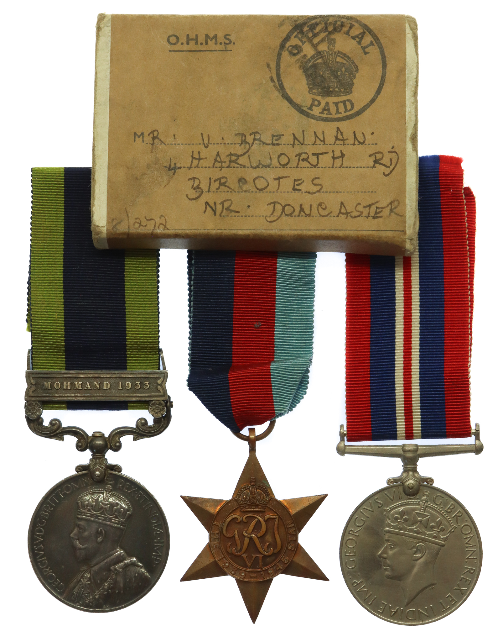1908 India General Service Medal (Clasp - Mohmand 1933) and WW2 Medal Group of Three - Gnr. V. Brennan, Royal Artillery