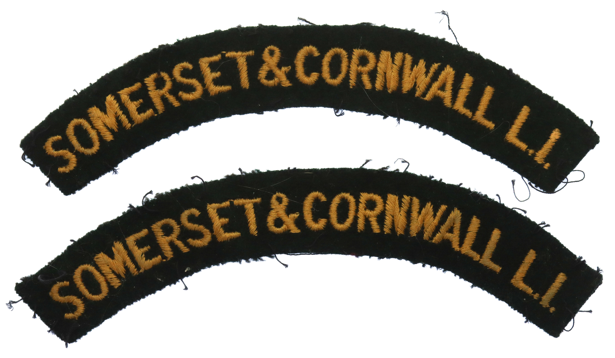 Pair of Somerset & Cornwall Light Infantry (SOMERSET & CORNWALL L.I.) Cloth Shoulder Titles