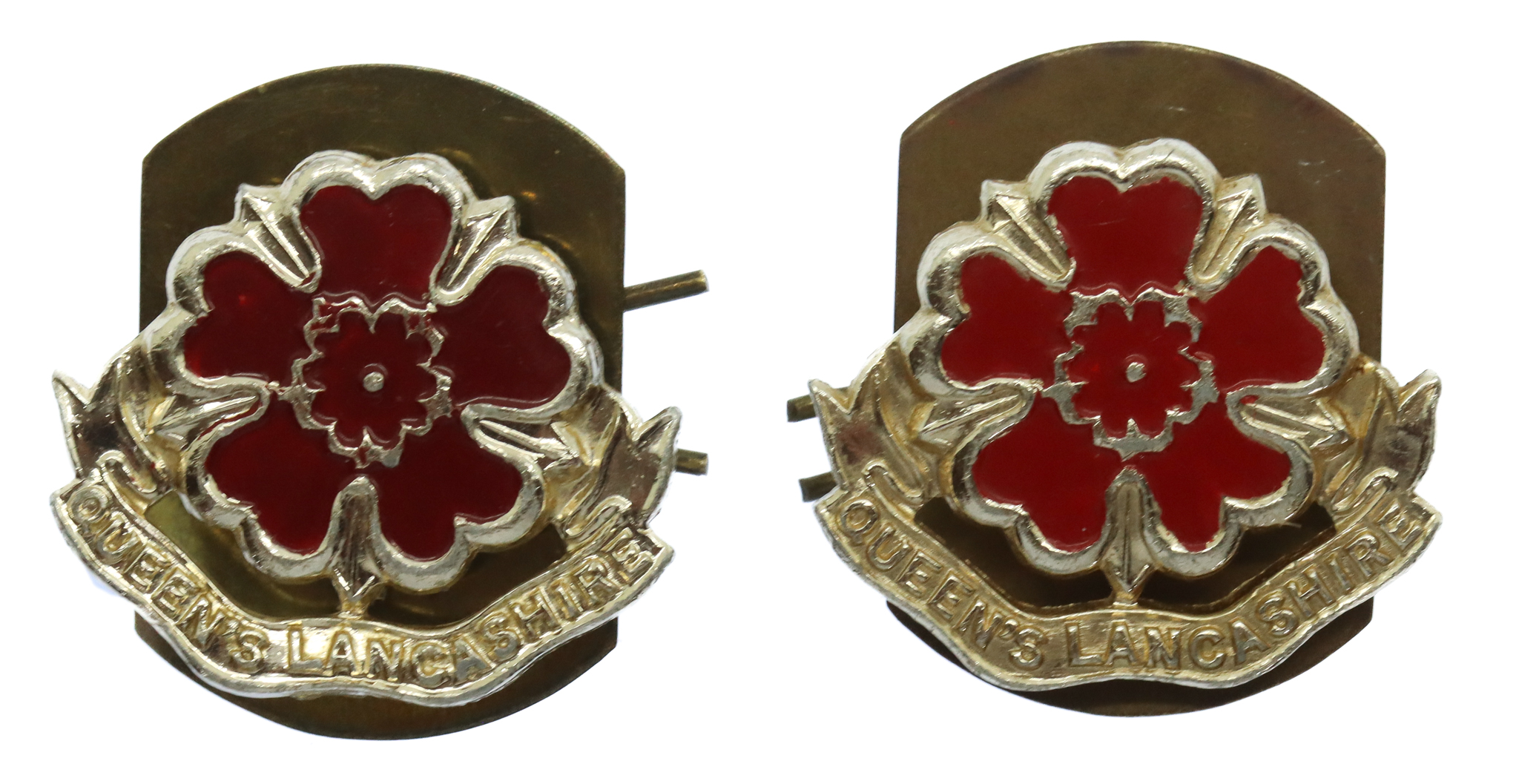 Pair of Queen's Lancashire Regiment Anodised (Staybrite) Collar Badges
