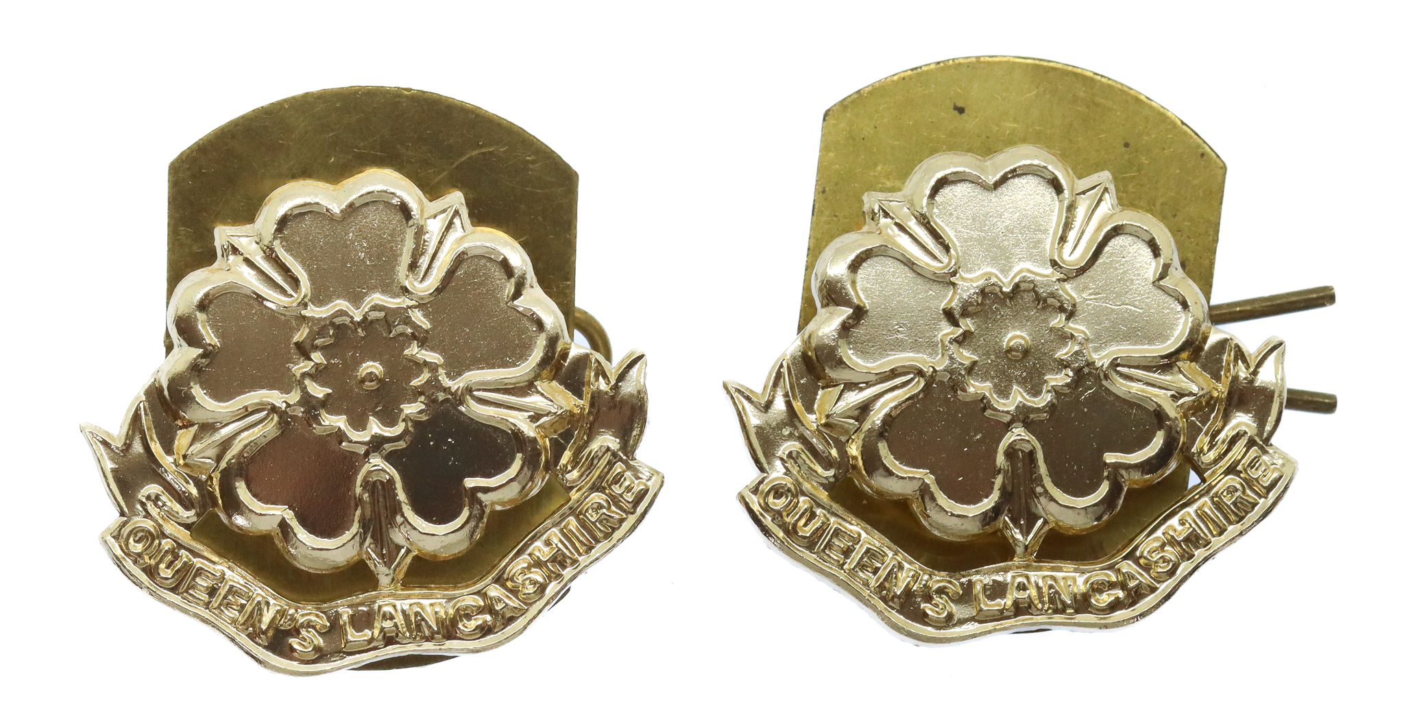 Pair of Queen's Lancashire Regiment Anodised (Staybrite) Collar Badges