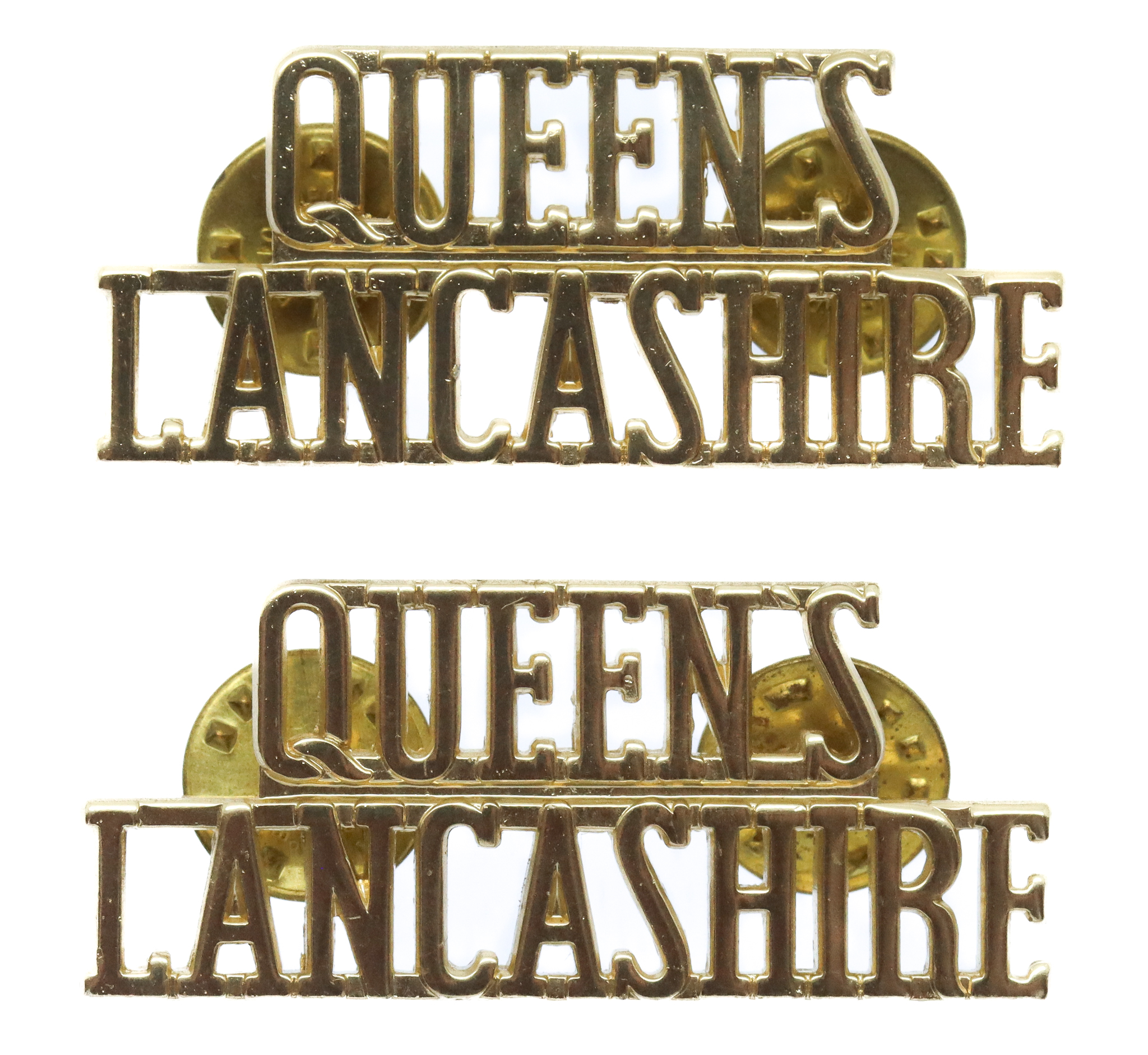 Pair of Queen's Lancashire Regiment (QUEEN'S/LANCASHIRE) Anodised (Staybrite) Shoulder Titles