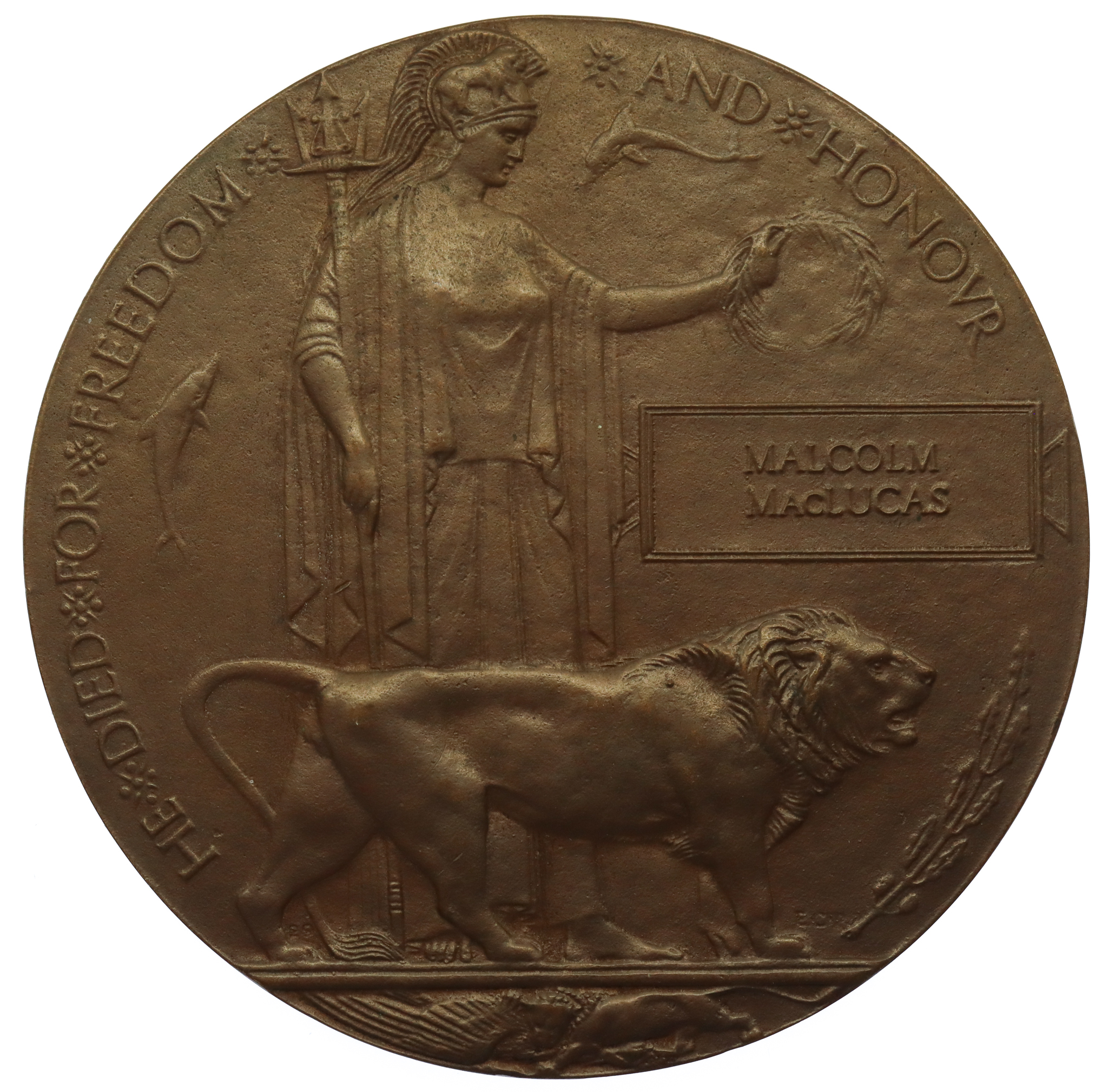 WW1 Memorial Plaque (Death Penny) - Private Malcolm MacLucas, 43rd Bn. Canadian Infantry - Died of Wounds, 15/11/16