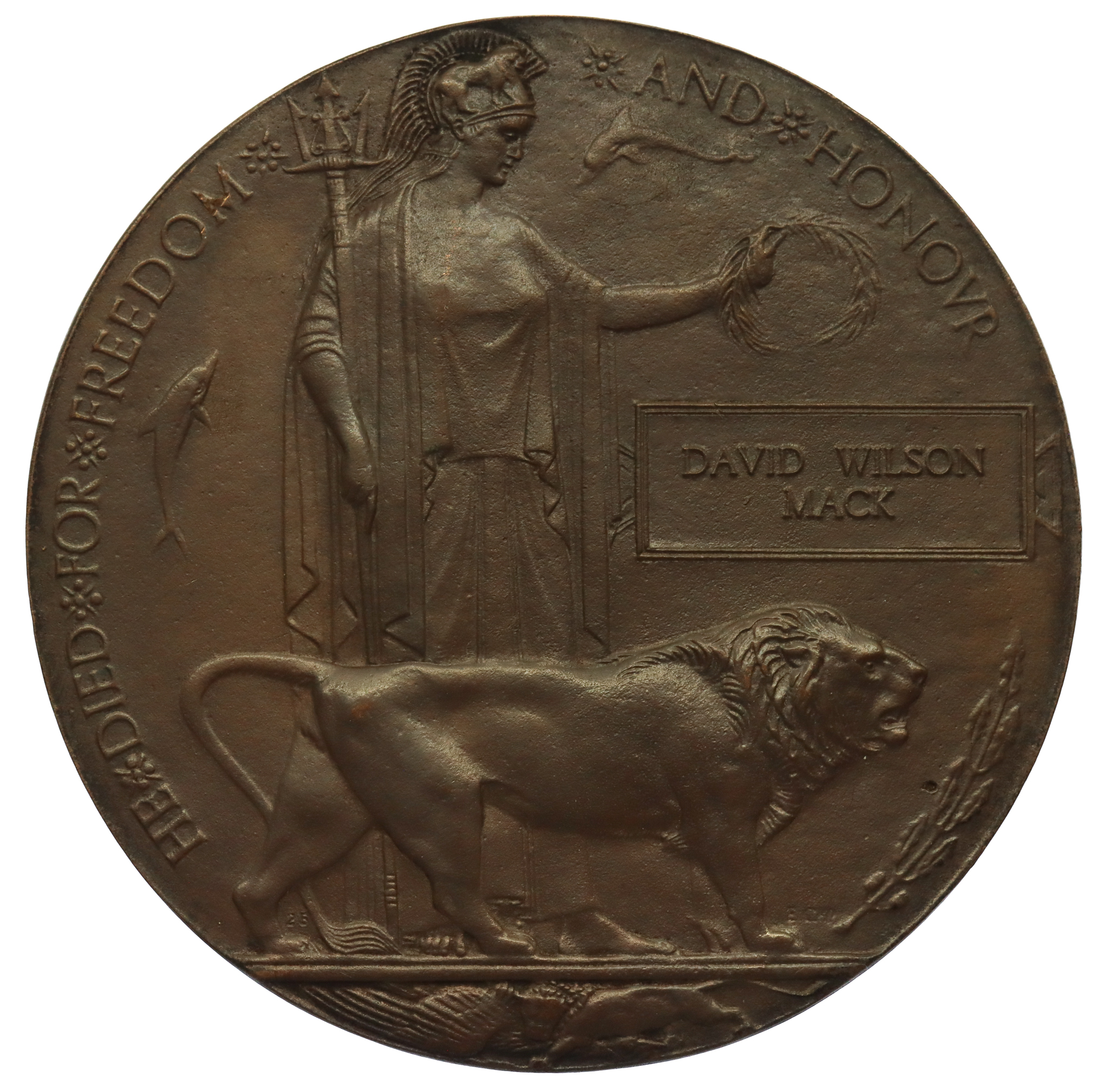 WW1 Memorial Plaque (Death Penny) - Private David Wilson Mack, 1st Bn Highland Light Infantry - K.I.A. 11/1/17