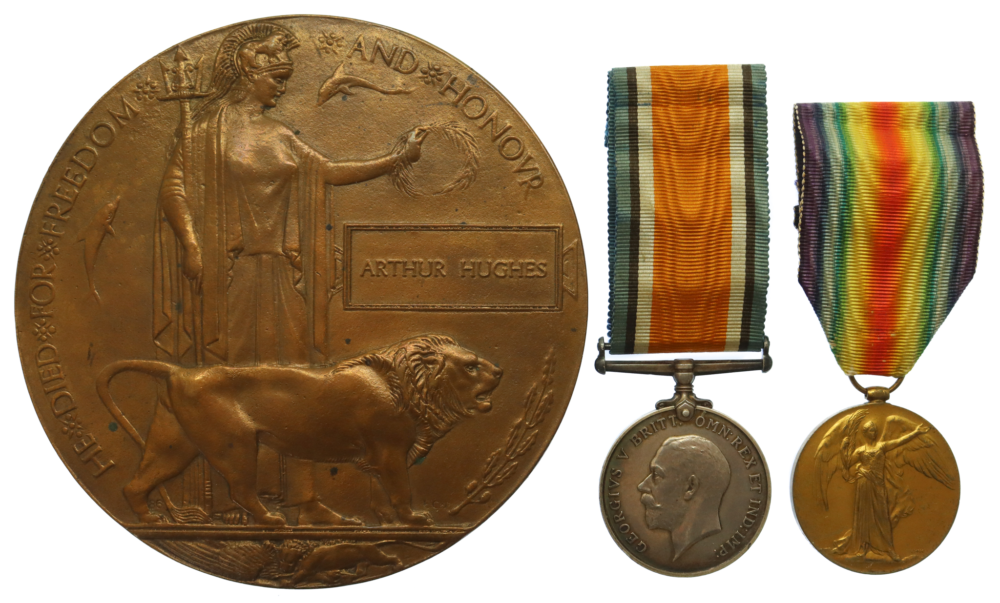 WW1 River Tigris Casualty British War Medal, Victory Medal and Memorial Plaque - Pte. A. Hughes, 1st/4th Bn. Hampshire Regiment - K.I.A. 23/2/17