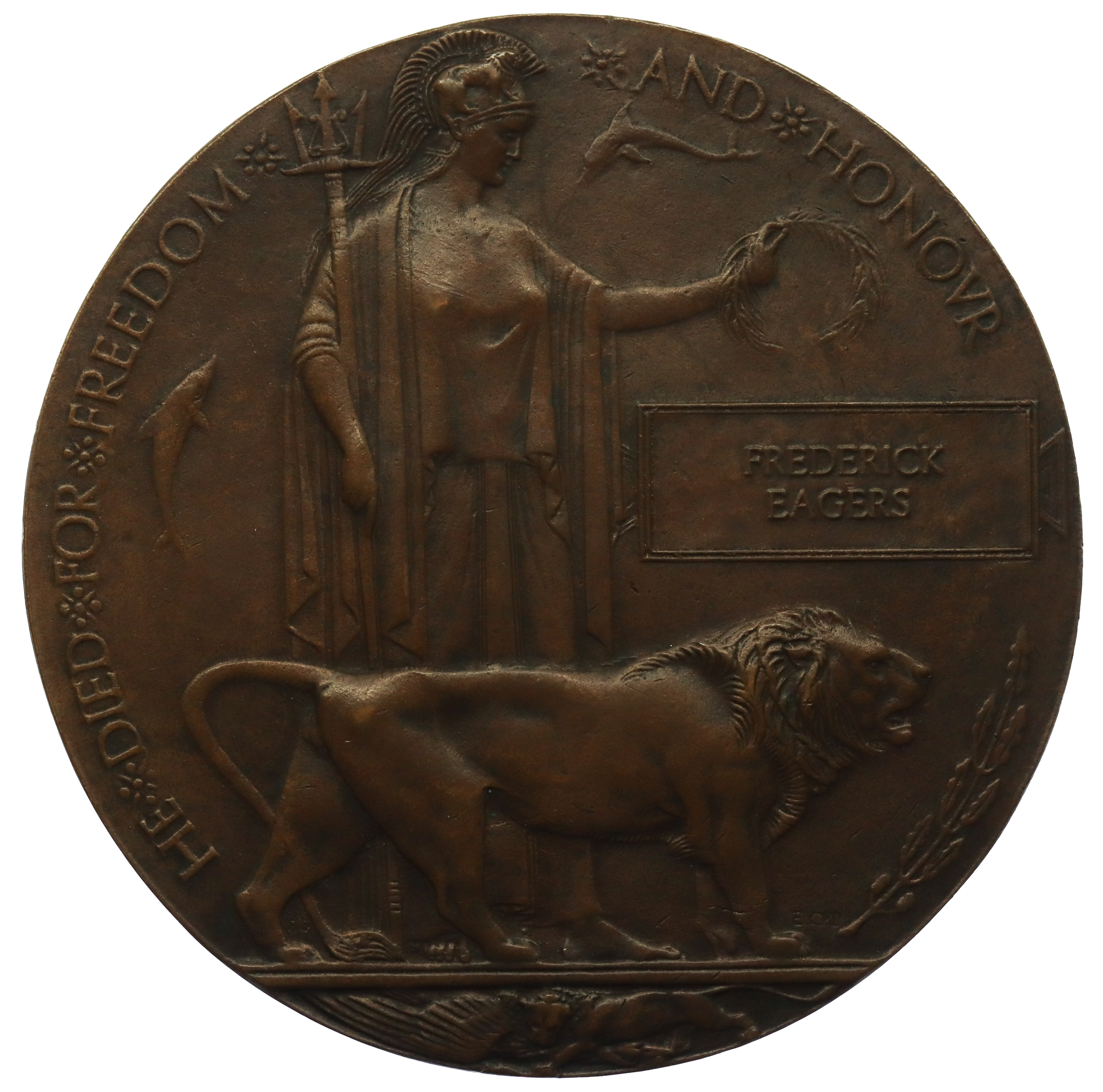 WW1 Memorial Plaque (Death Penny) - Private Frederick Eagers, 6th Bn. York & Lancaster Regiment - K.I.A. 21/8/15