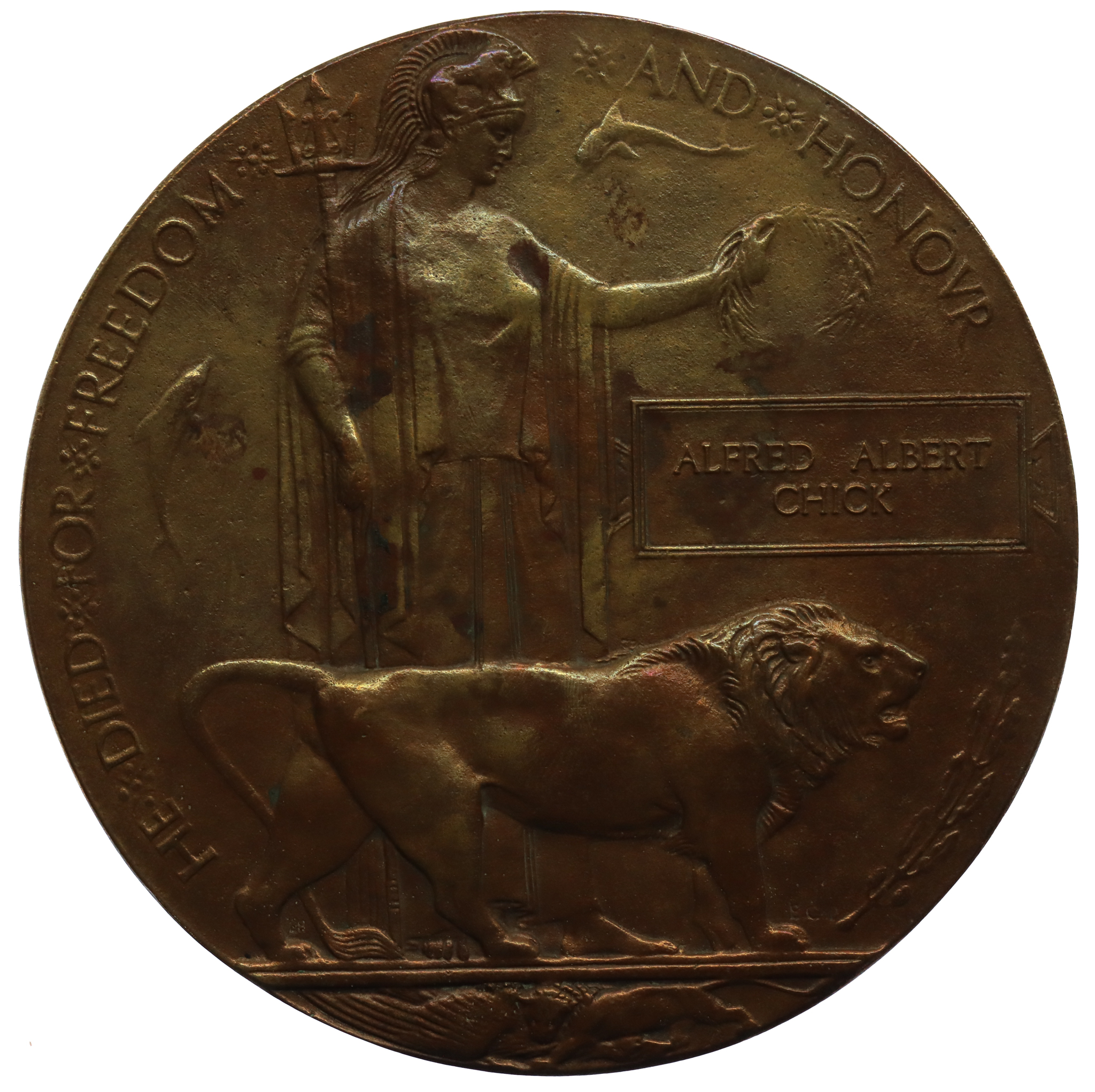 WW1 Memorial Plaque (Death Penny) - Private Albert Alfred Chick, 4th (City of London) Bn. Royal Fusiliers - K.I.A. 22/11/15