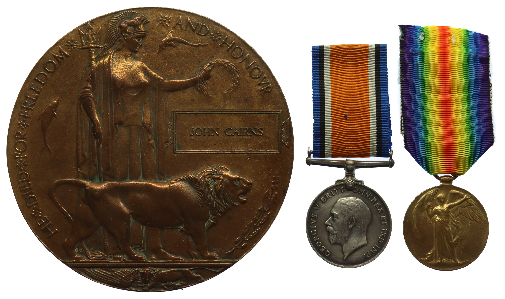 WW1 British War Medal, Victory Medal and Memorial Plaque - Pte. J. Cairns, 1st Bn. Royal Scots Fusiliers - K.I.A. 13/11/16
