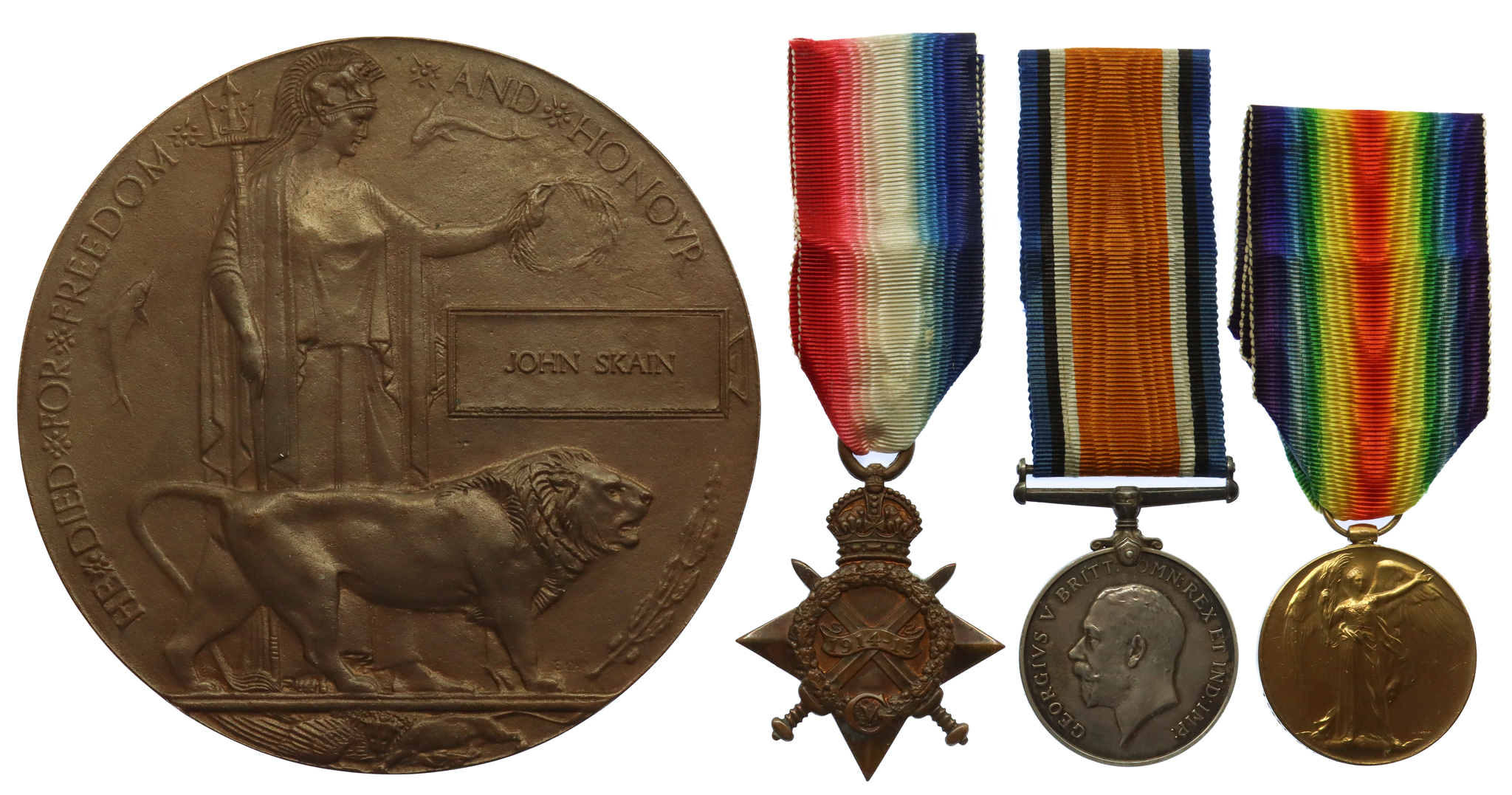 WW1 1914-15 Star Medal Trio and Memorial Plaque - Pte. J. Skain, 12th Bn. Manchester Regiment - K.I.A. 7/7/16