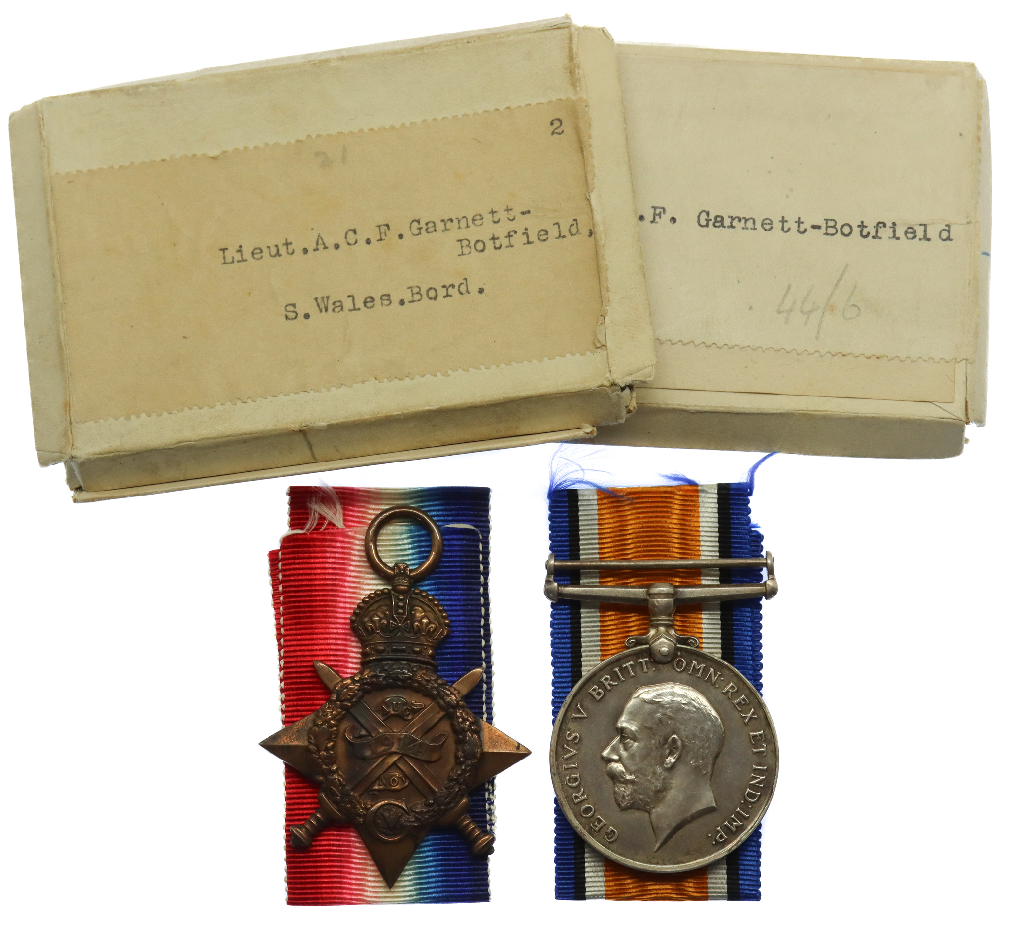 WW1 Aubers Ridge Casualty 1914 Mons Star & British War Medal - Lieut. A.C.F. Garnett-Botfield, 1st Bn .South Wales Borderers - K.I.A. 9/5/15