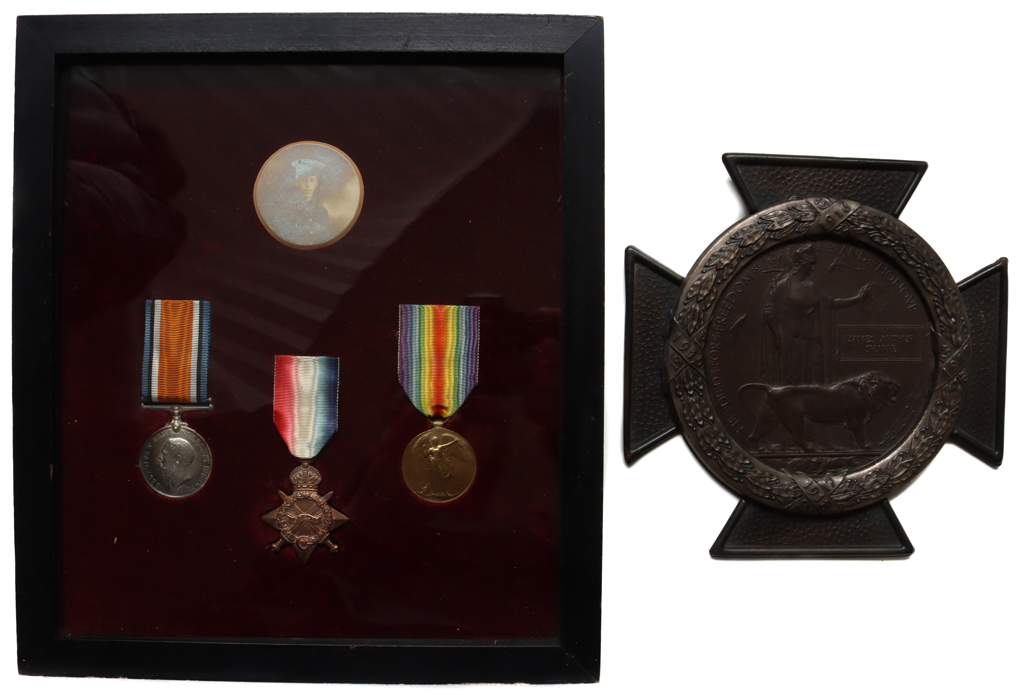 WW1 Gallipoli Casualty 1914-15 Star Medal Trio and Memorial Plaque - Sjt. J.A. Sharpe, 9th Bn. West Yorkshire Regiment - K.I.A. 9/8/15