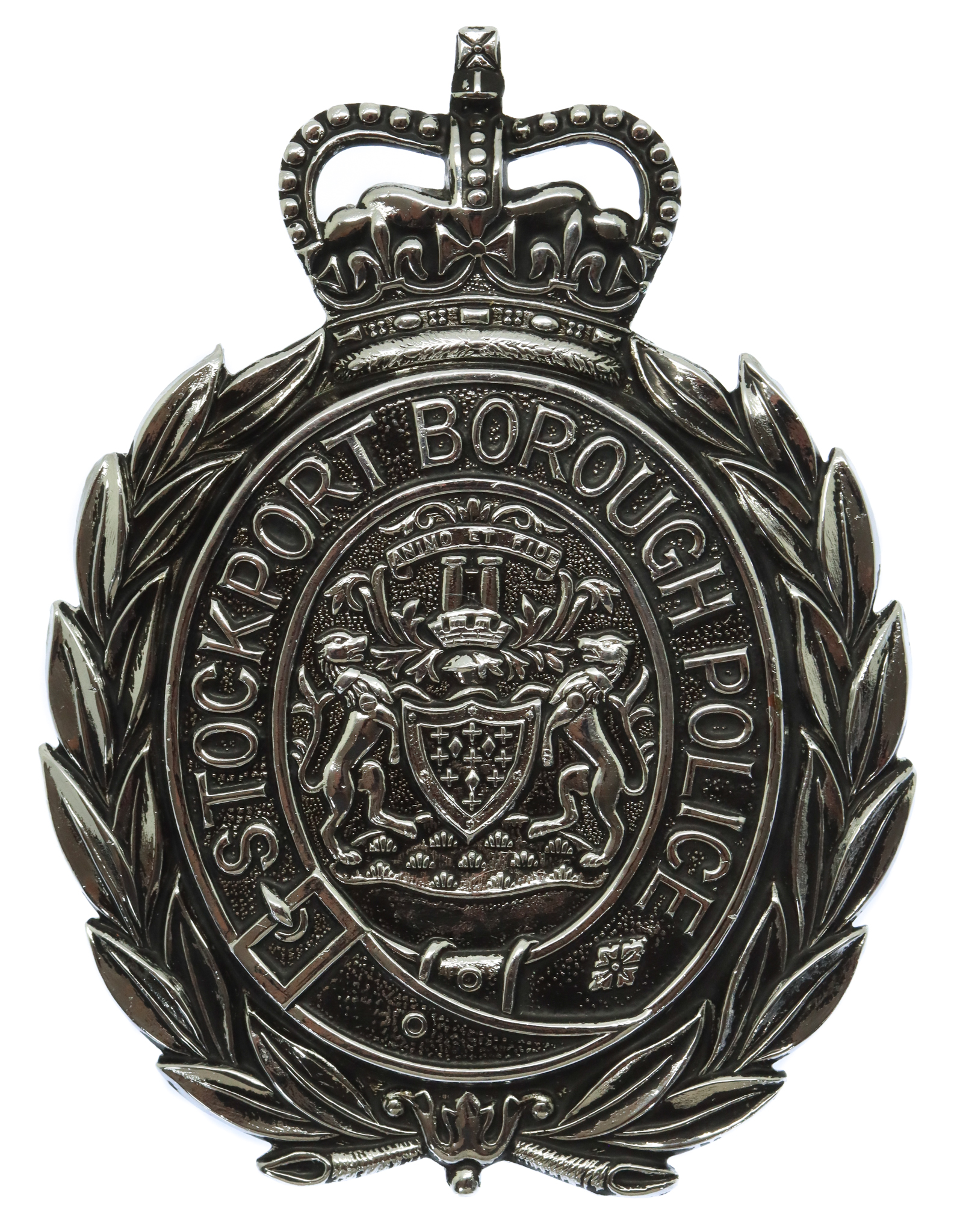 Stockport Borough Police Blackened Chrome Wreath Helmet Plate - Queen's Crown