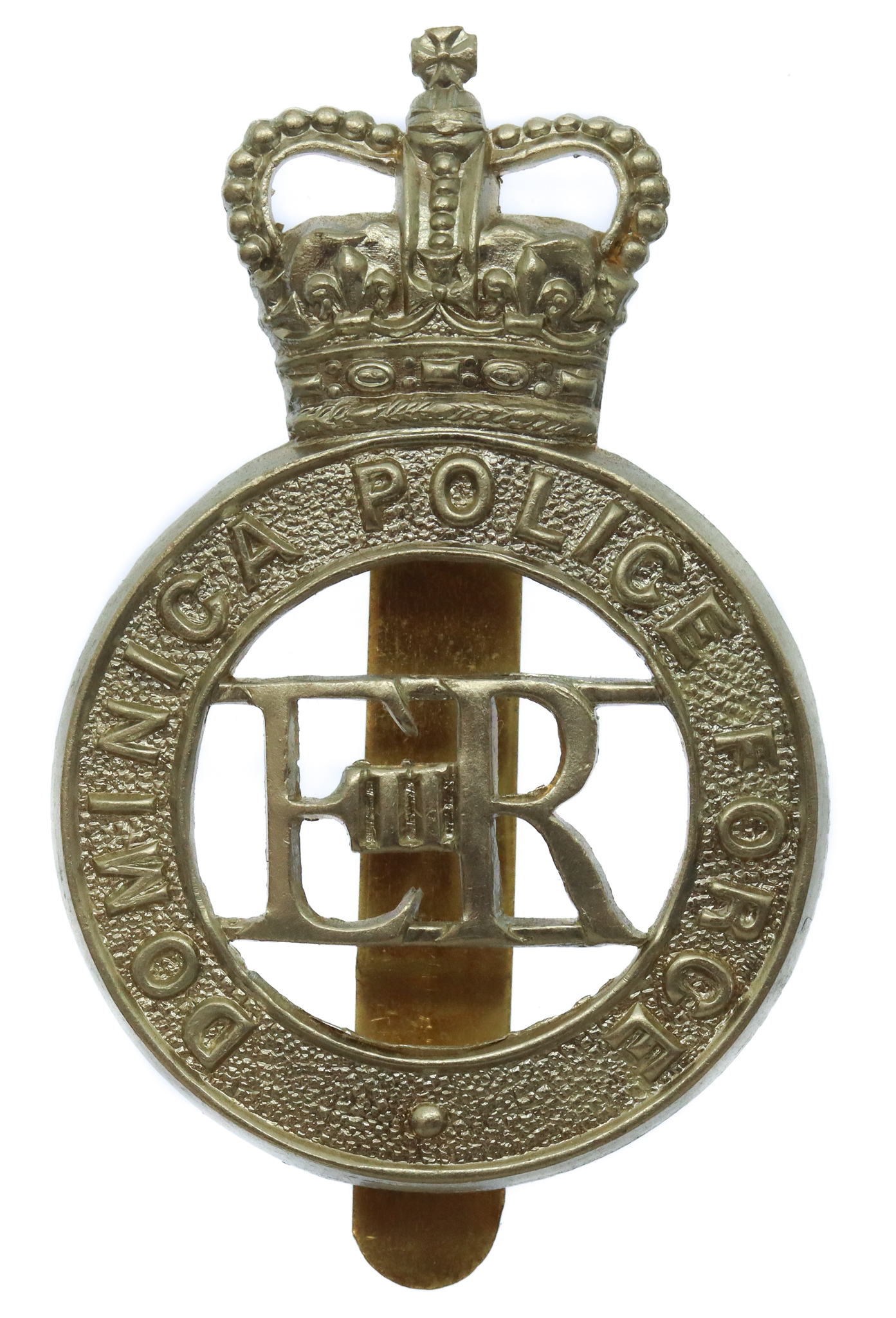 Dominica Police Force White Metal Cap Badge - Queen's Crown