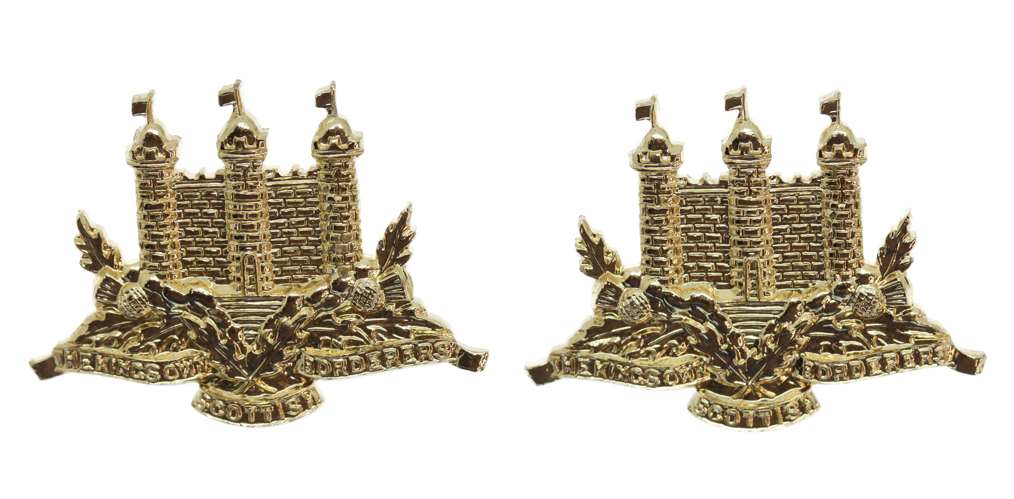 Pair of King's Own Scottish Borderers (K.O.S.B.) Anodised (Staybrite) Collar Badges