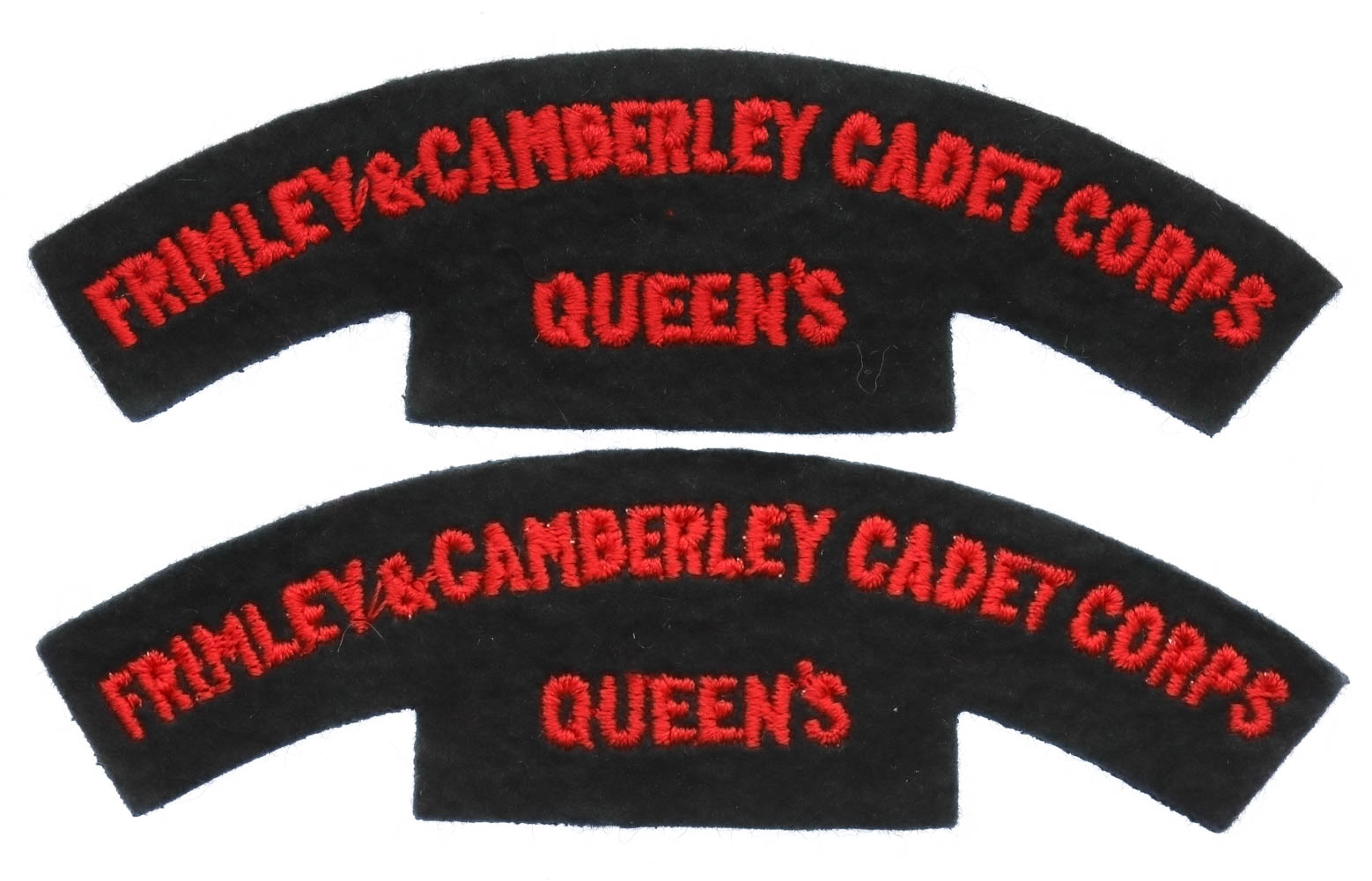 Pair of Frimley & Camberley Cadet Corps Queen's Cloth Shoulder Titles