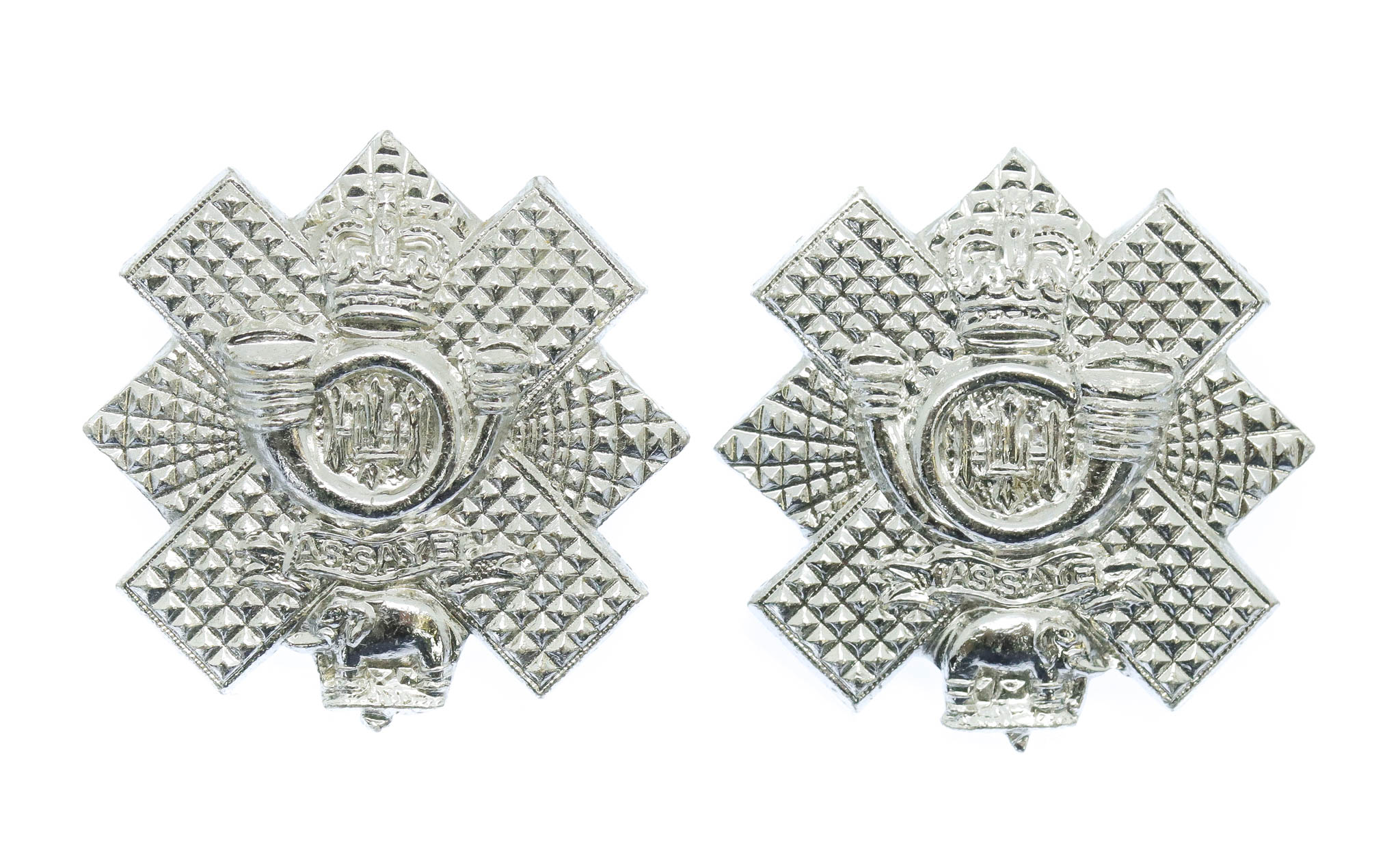 Pair of Highland Light Infantry (H.L.I.) Anodised (Staybrite) Collar Badges - Queen's Crown
