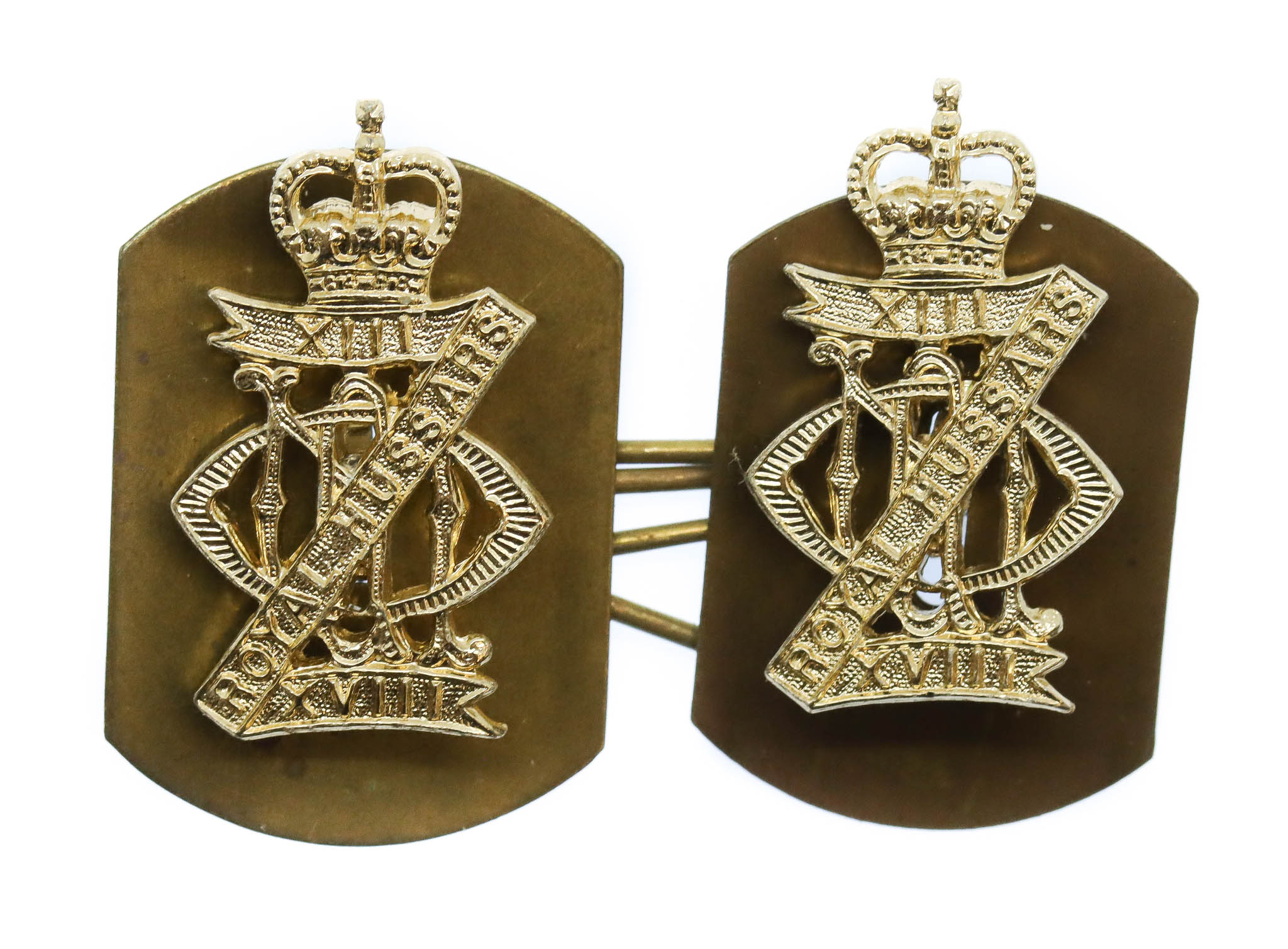 Pair of 13th/18th Royal Hussars Anodised (Staybrite) Collar Badges 