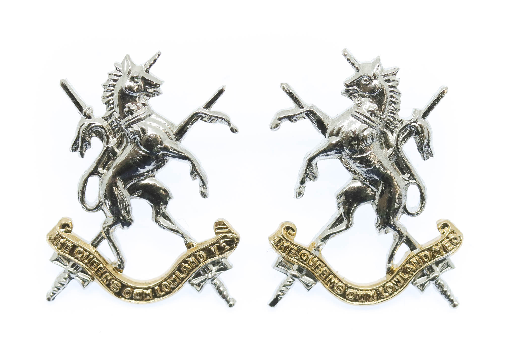 Pair of Queen's Own Lowland Yeomanry Anodised (Staybrite) Collar Badges