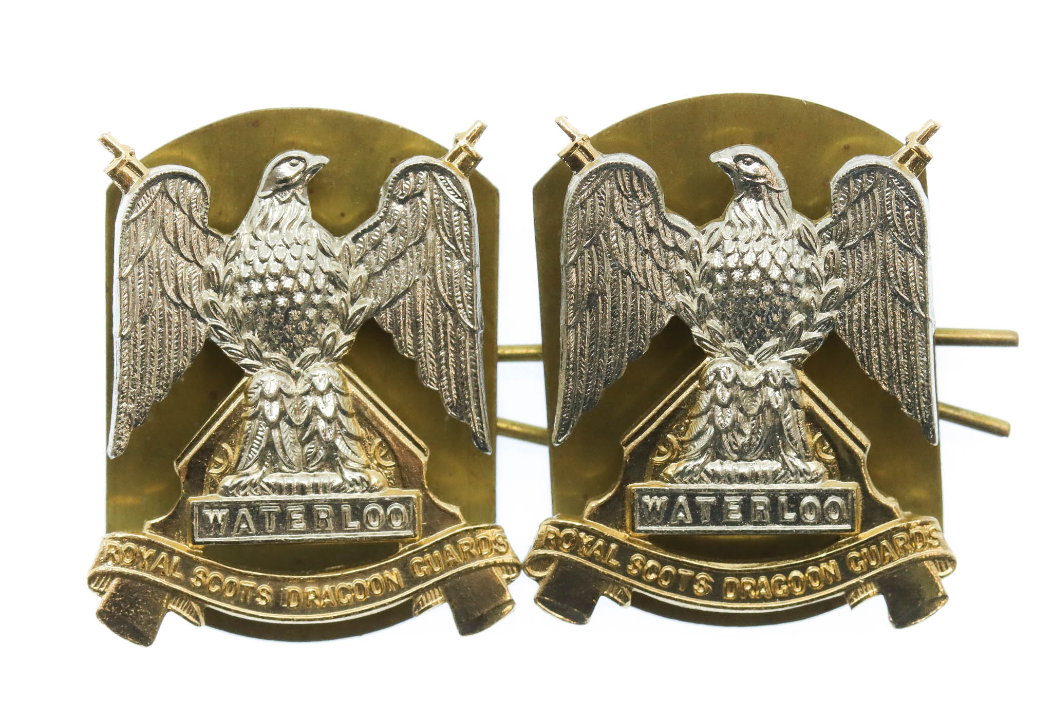 Pair of Royal Scots Dragoon Guards Anodised (Staybrite) Collar Badges 