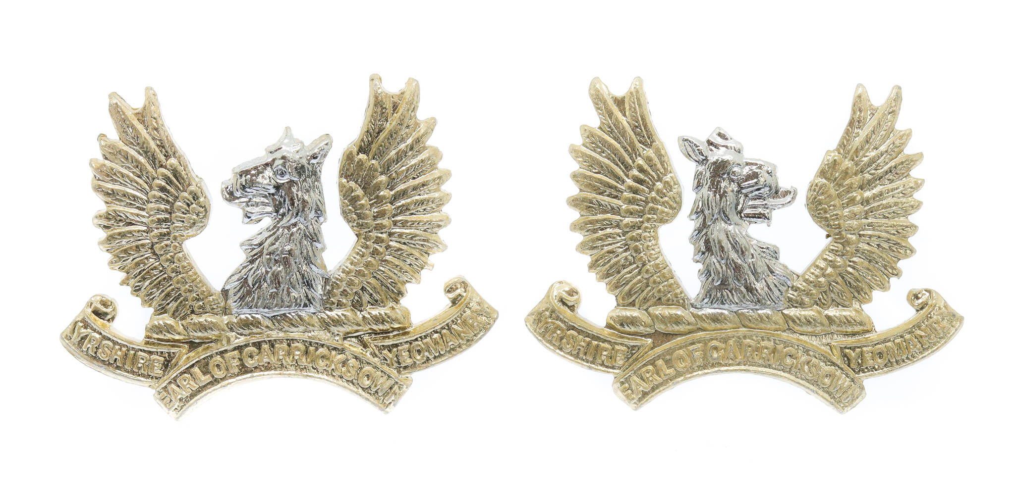 Pair of Ayrshire Yeomanry (Earl of Carrick's Own) Anodised (Staybrite) Collar Badges 