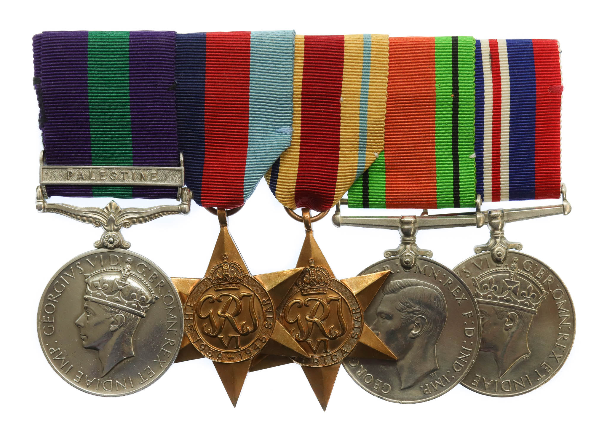 GSM (Clasp - Palestine) and WW2 Prisoner of War Medal Group of Five - Pte. J.F. Adkins, 1st Bn. Sherwood Foresters (Notts & Derby Regiment)