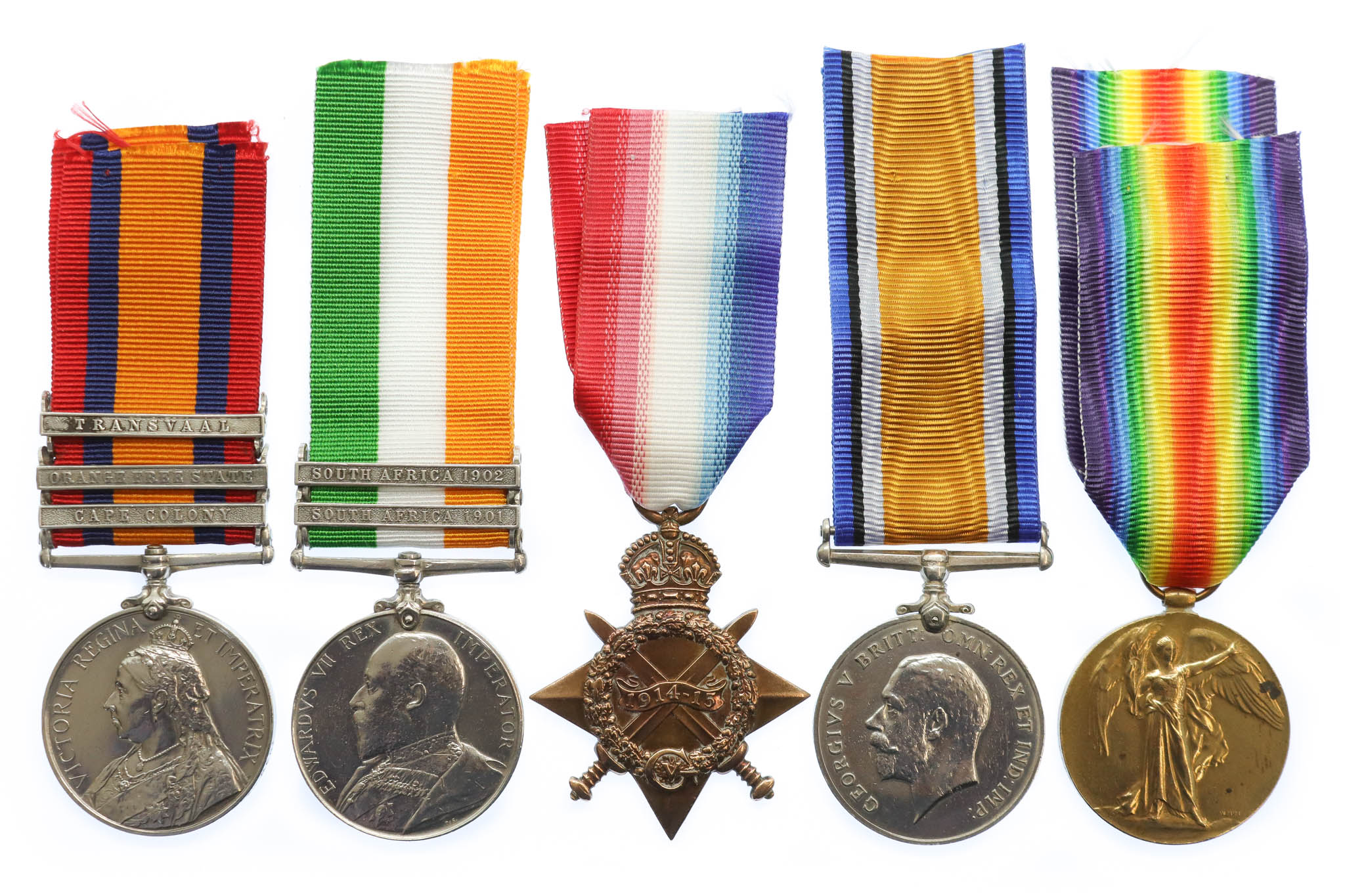 QSA (Clasps - Cape Colony, Orange Free State, Transvaal), KSA (Clasps - South Africa 1901, South Africa 1902), 1914-15 Star, British War & Victory Medal Group of Five - Pte. J. Evans, Notts & Derby Regiment (Sherwood Foresters)