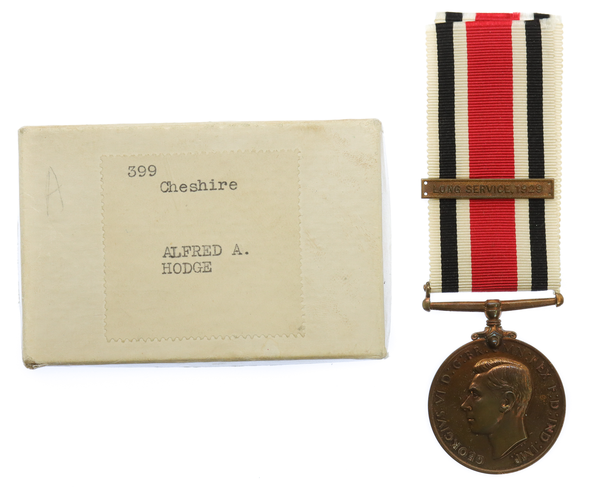 George VI Special Constabulary Long Service Medal (Bar - Long Service, 1929) - Alfred A. Hodge, Cheshire Constabulary
