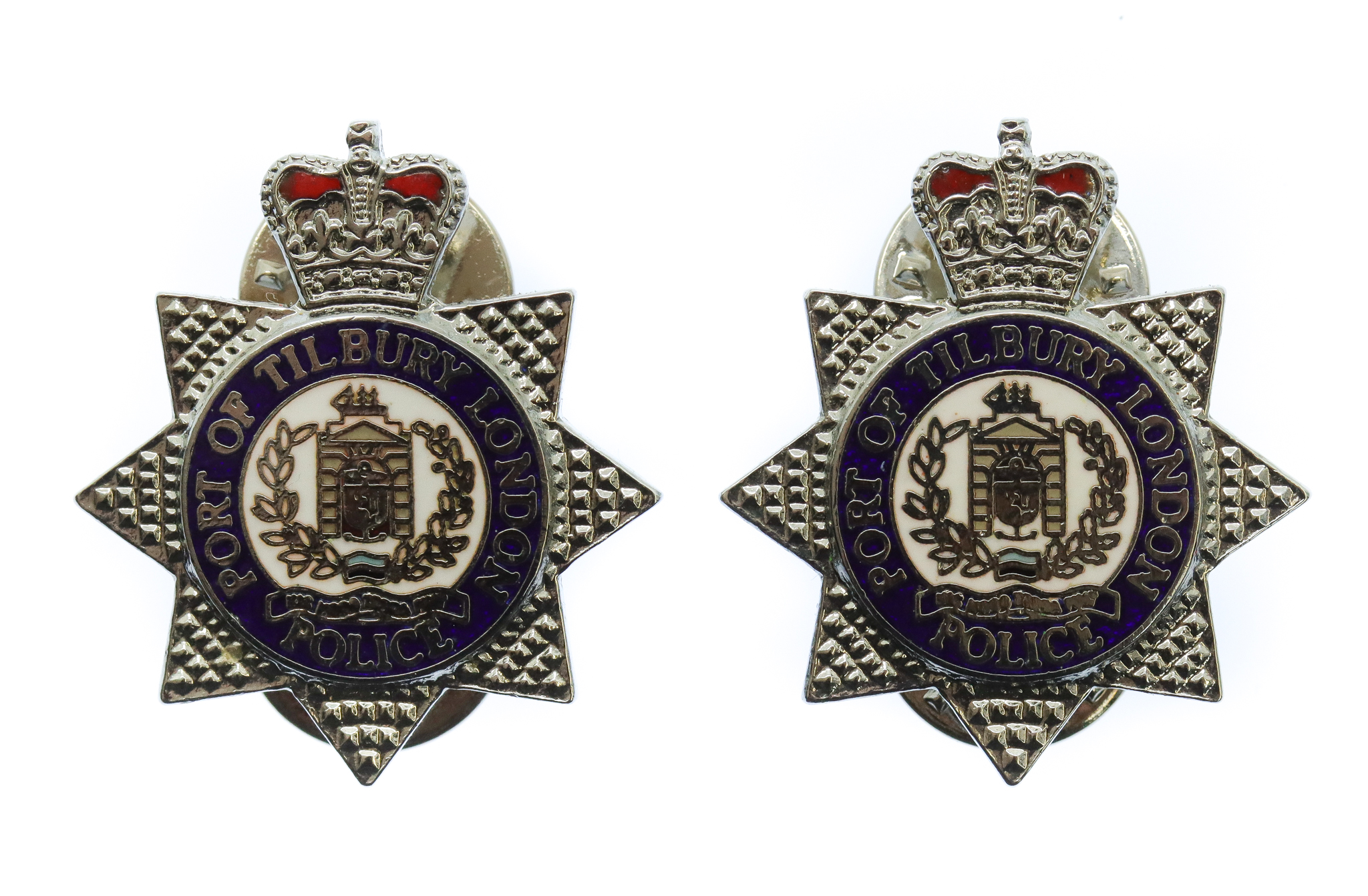 Pair of Port of Tilbury London Police Collar Badges - Queen's Crown