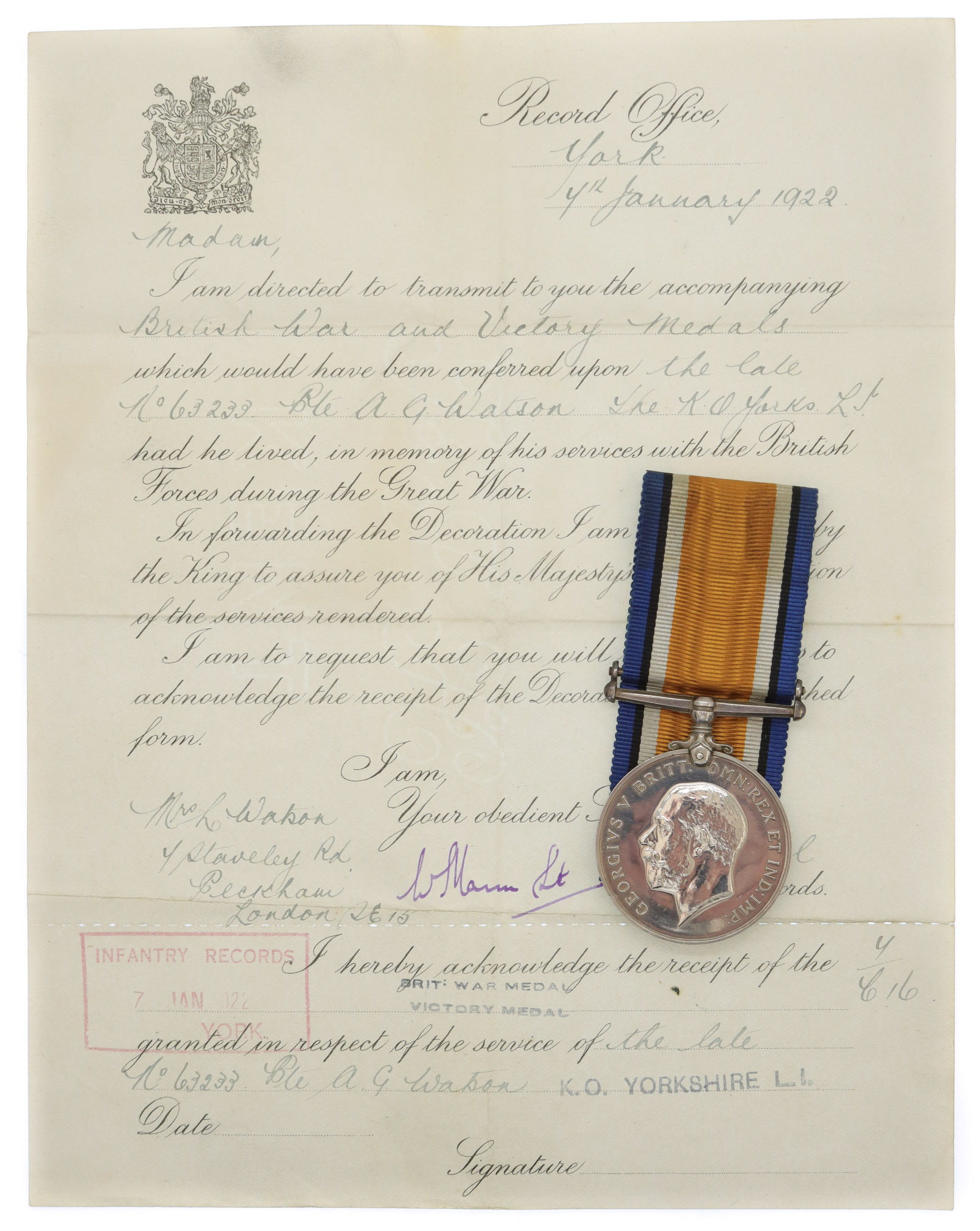 WW1 British War Medal with Original Transmittal Document - Pte. A.G. Watson, 23rd Bn. Northumberland Fusiliers & 5th Bn. King's Own Yorkshire Light Infantry - K.I.A. 02/09/18