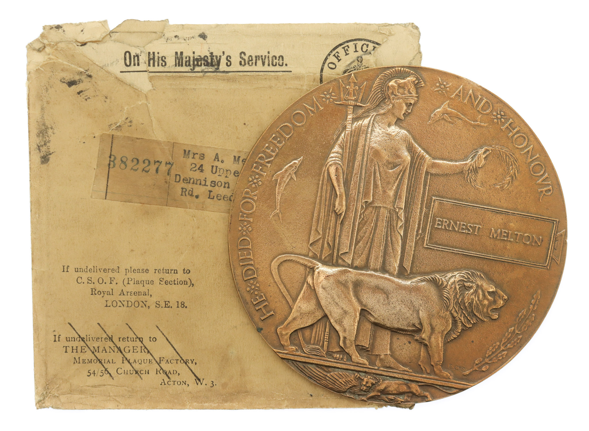 WW1 Memorial Plaque (Death Penny) with Original Addressed Envelope - Private Ernest Melton, 1st/5th Bn. King's Own Yorkshire Light Infantry - K.I.A. 02/08/17