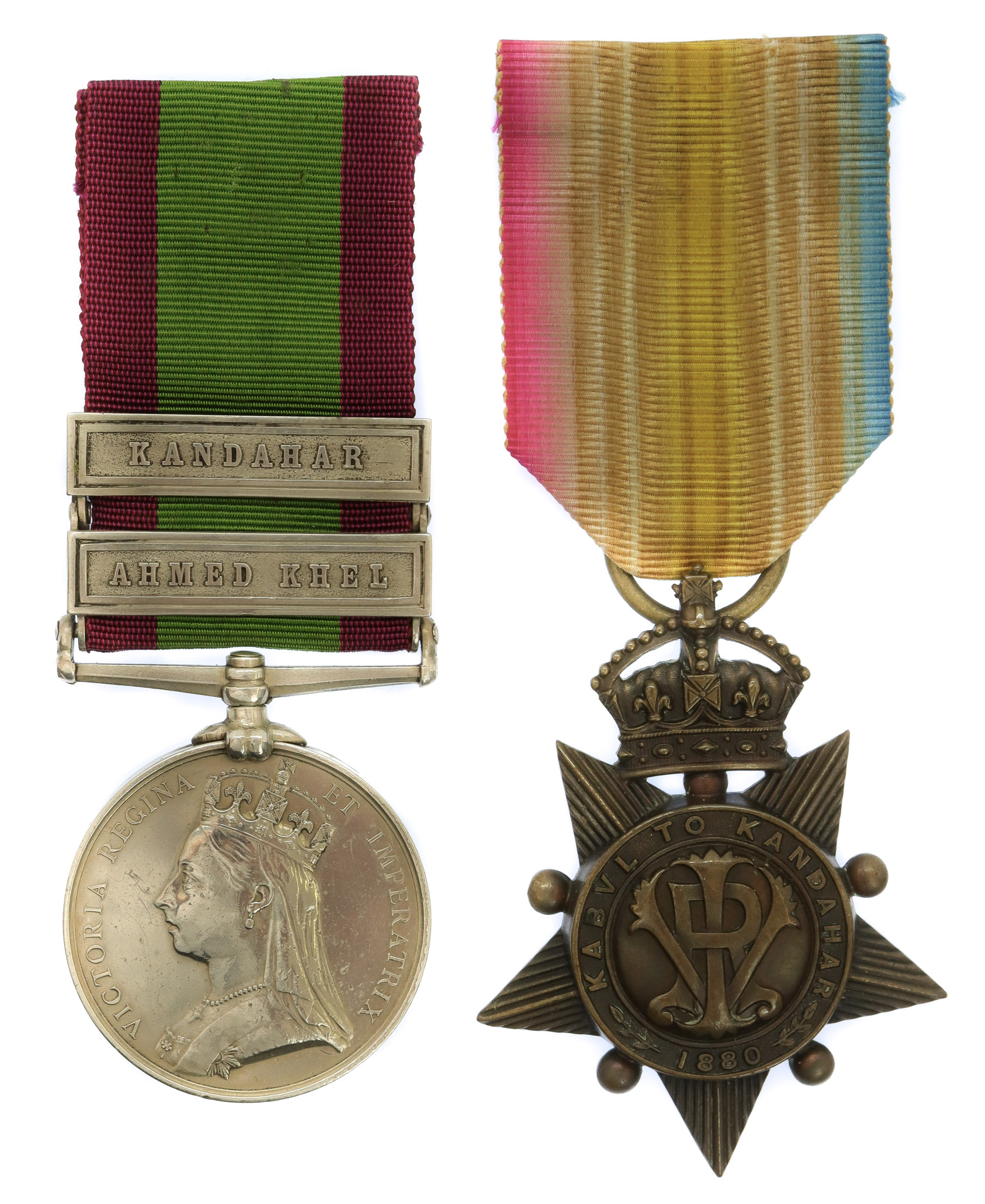 Afghanistan 1878-80 (2 Clasps - Ahmed Khel, Kandahar) and Kabul to Kandahar Star Medal Pair - Pte. F. Brown, 60th Regiment of Foot