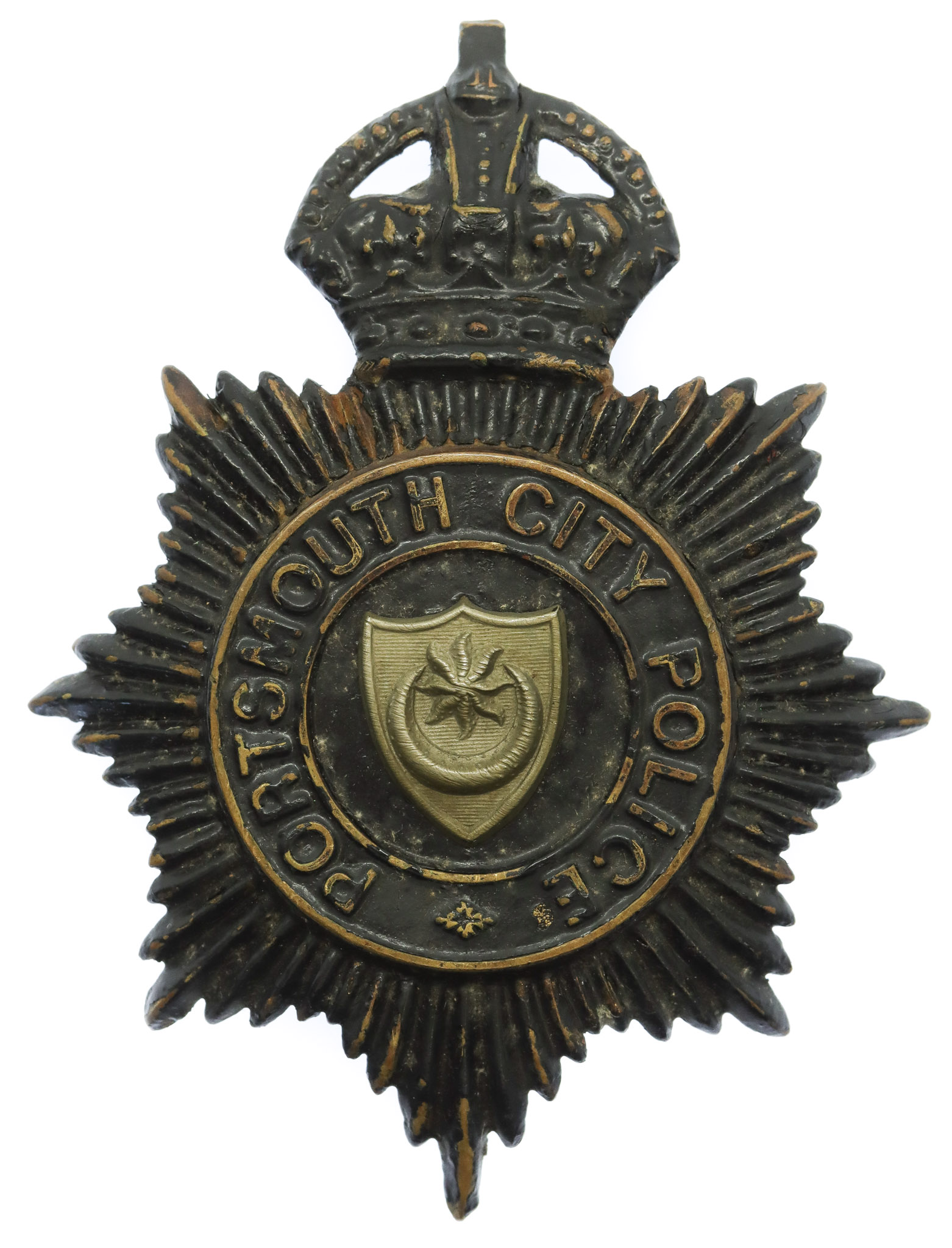 Portsmouth City Police Night Helmet Plate - King's Crown