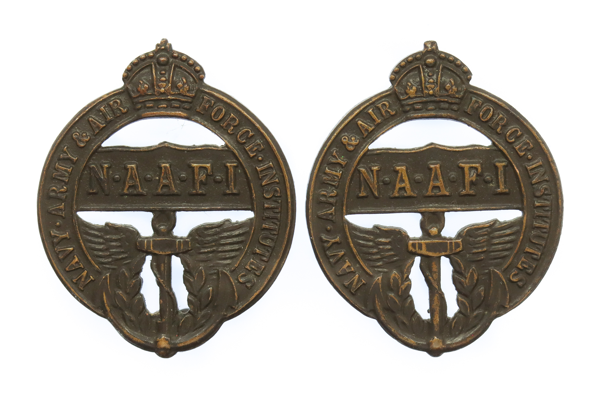 Pair of Navy, Army & Air Force Institutes (N.A.A.FI.) Collar Badges