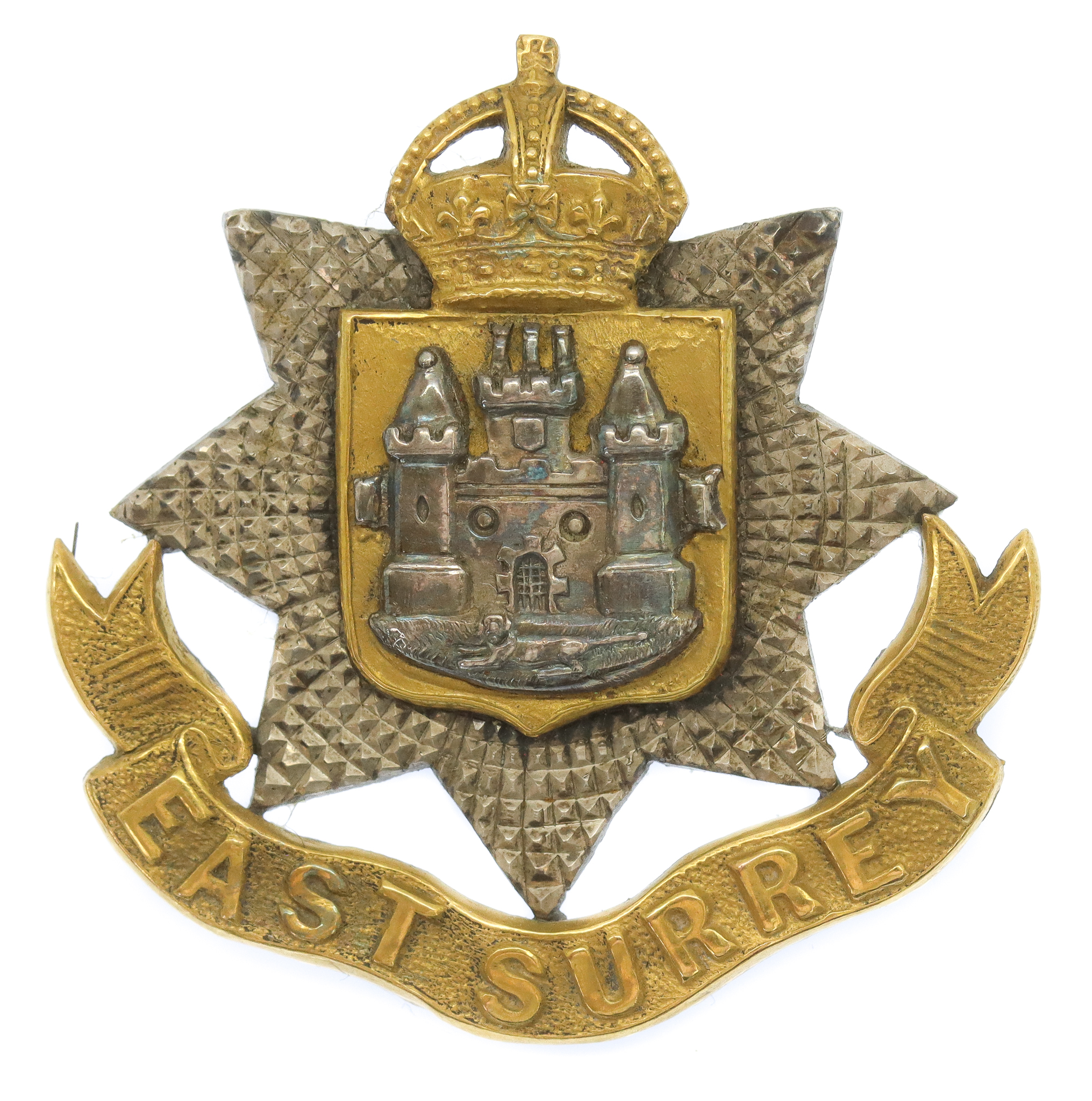 East Surrey Regiment Officer's Silvered & Gilt Cap Badge - King's Crown